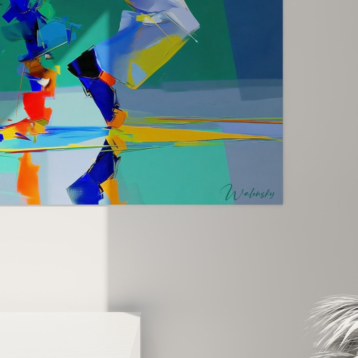 Empâtements colorés en bleu marine, orange fauve et jaune sur la toile du tableau breakdance