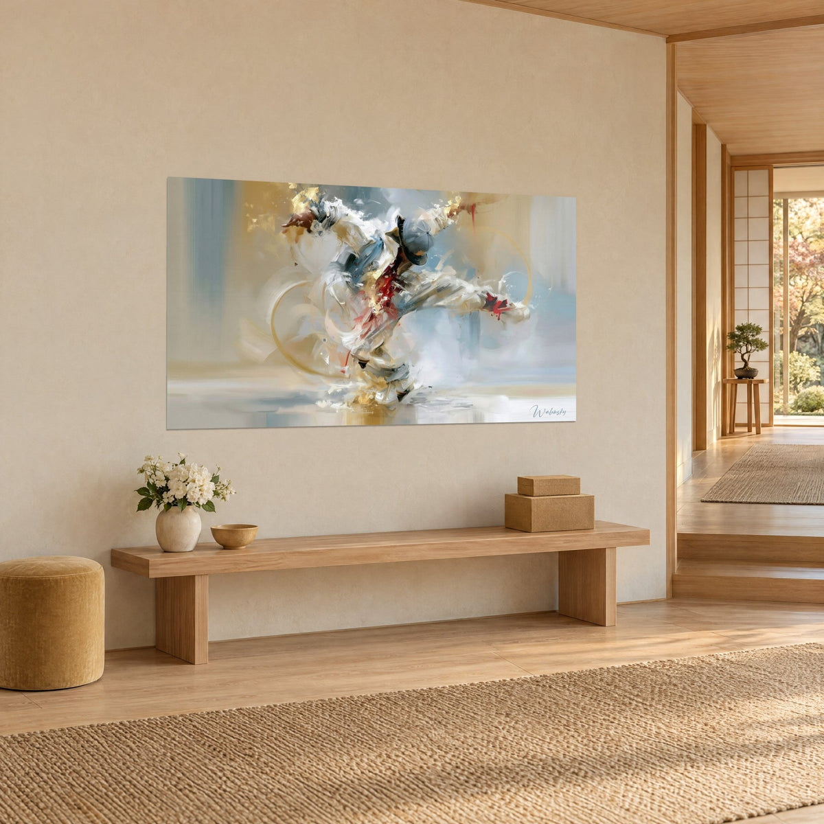 Tableau b-boy en suspension, veste blanche éclatée de bleu glacier, cercles dorés autour du corps, mur beige d'une entrée japandi