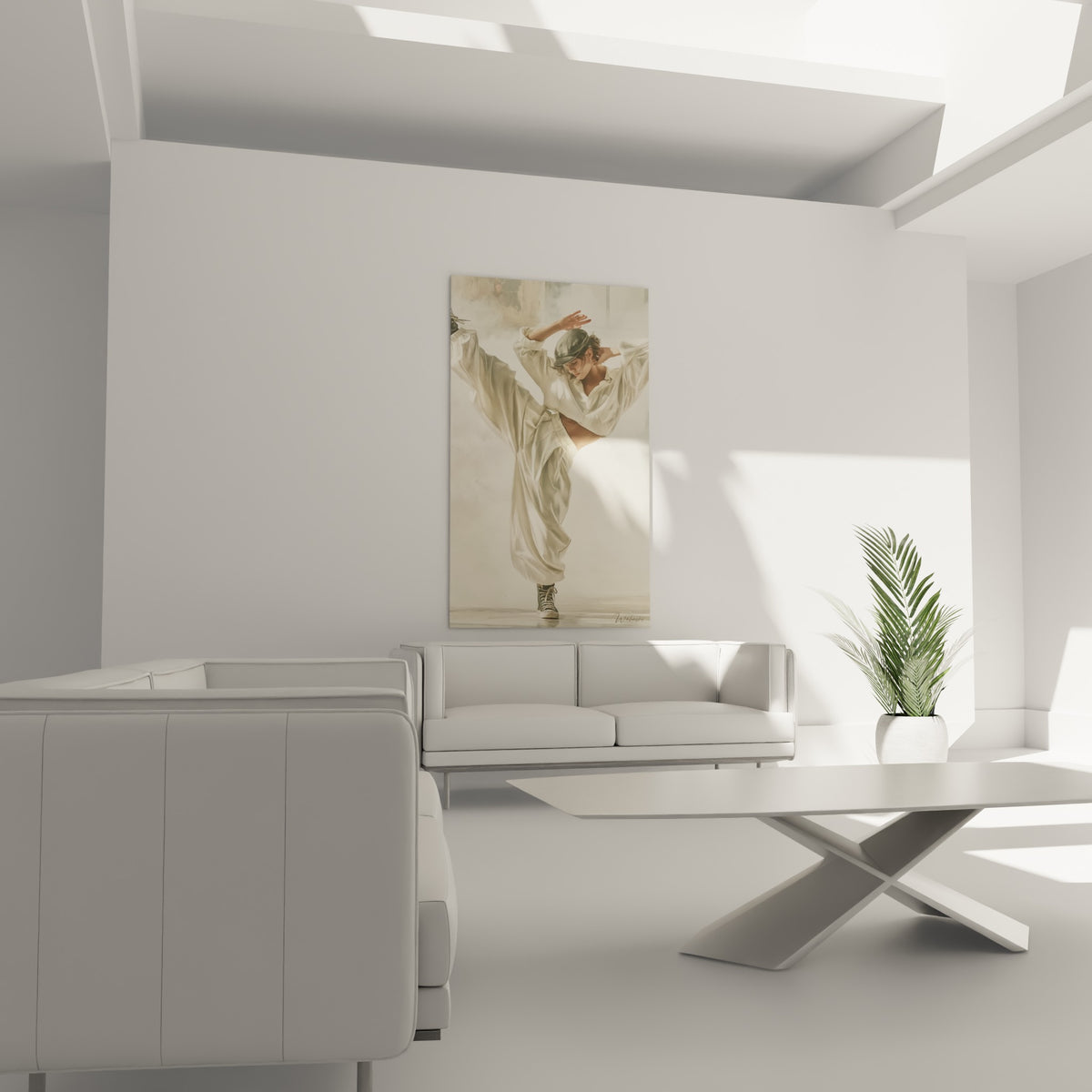 Mouvement suspendu en tons beige et noir du tableau Breakdance au-dessus d'un canapé dans un salon lumineux