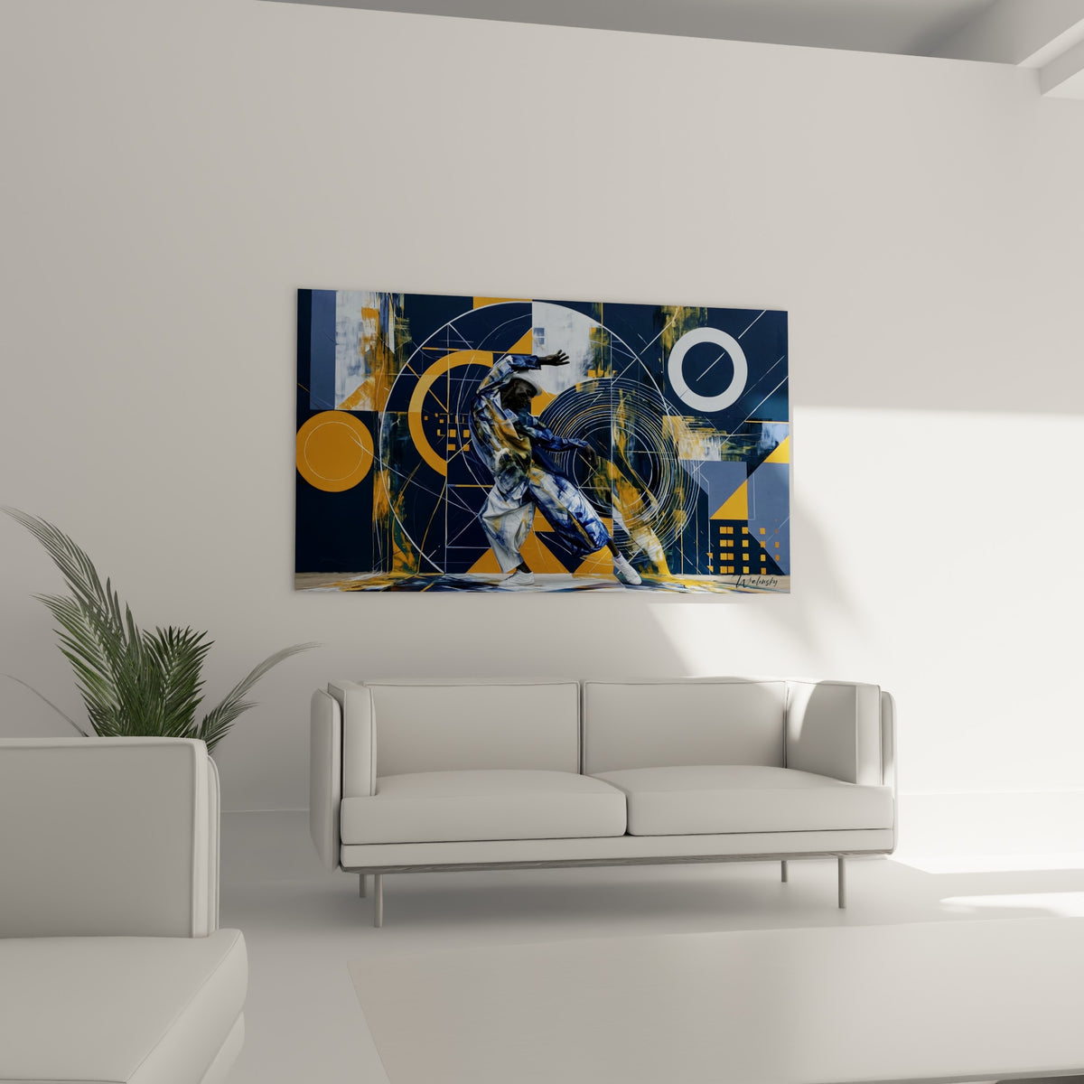 Figure du danseur breakdance penchée, tons ocre et bleu marine, au-dessus d'un canapé dans un salon lumineux