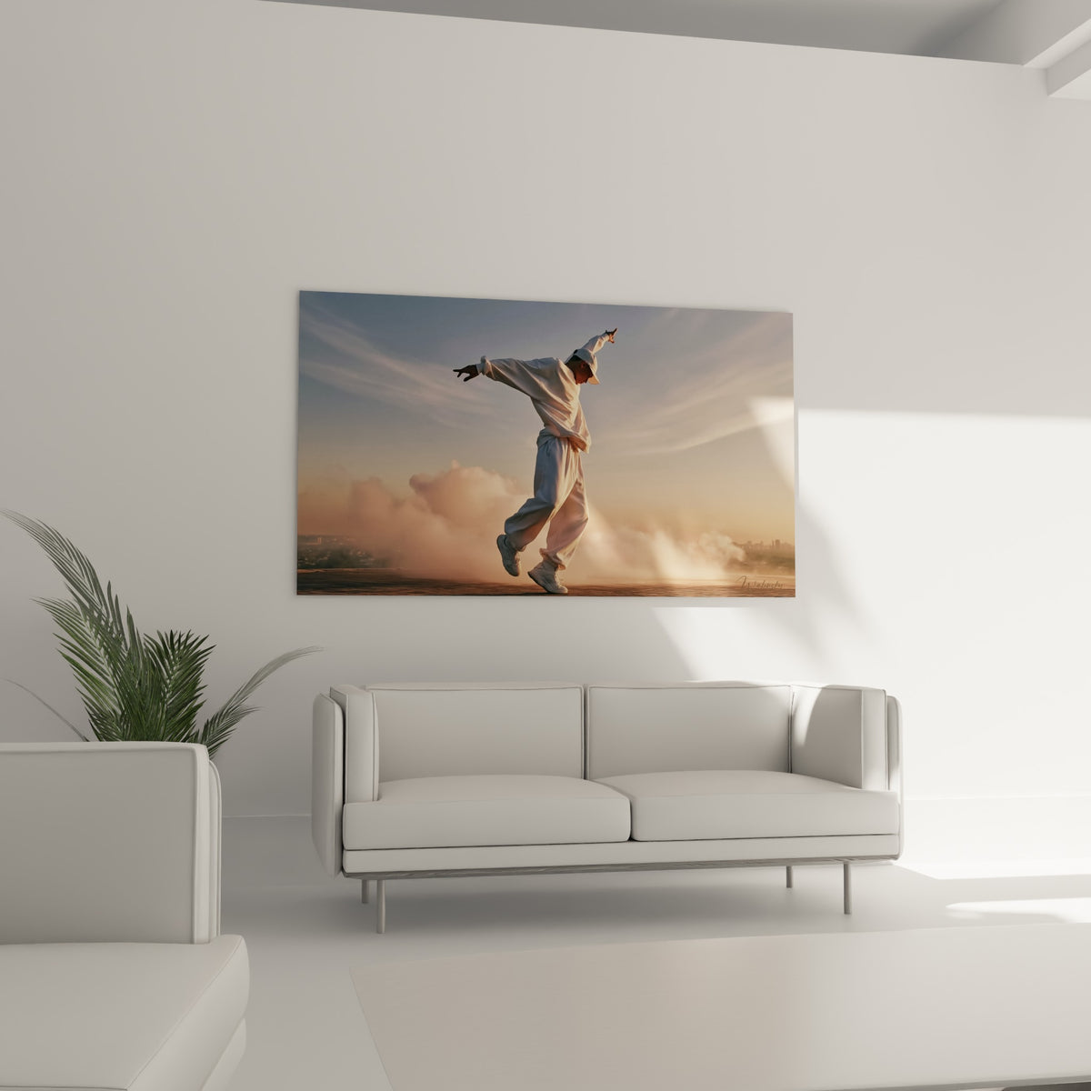 Mouvement urbain figé dans une brume terracotta et rose, tableau Breakdance au-dessus d'un canapé dans un salon lumineux
