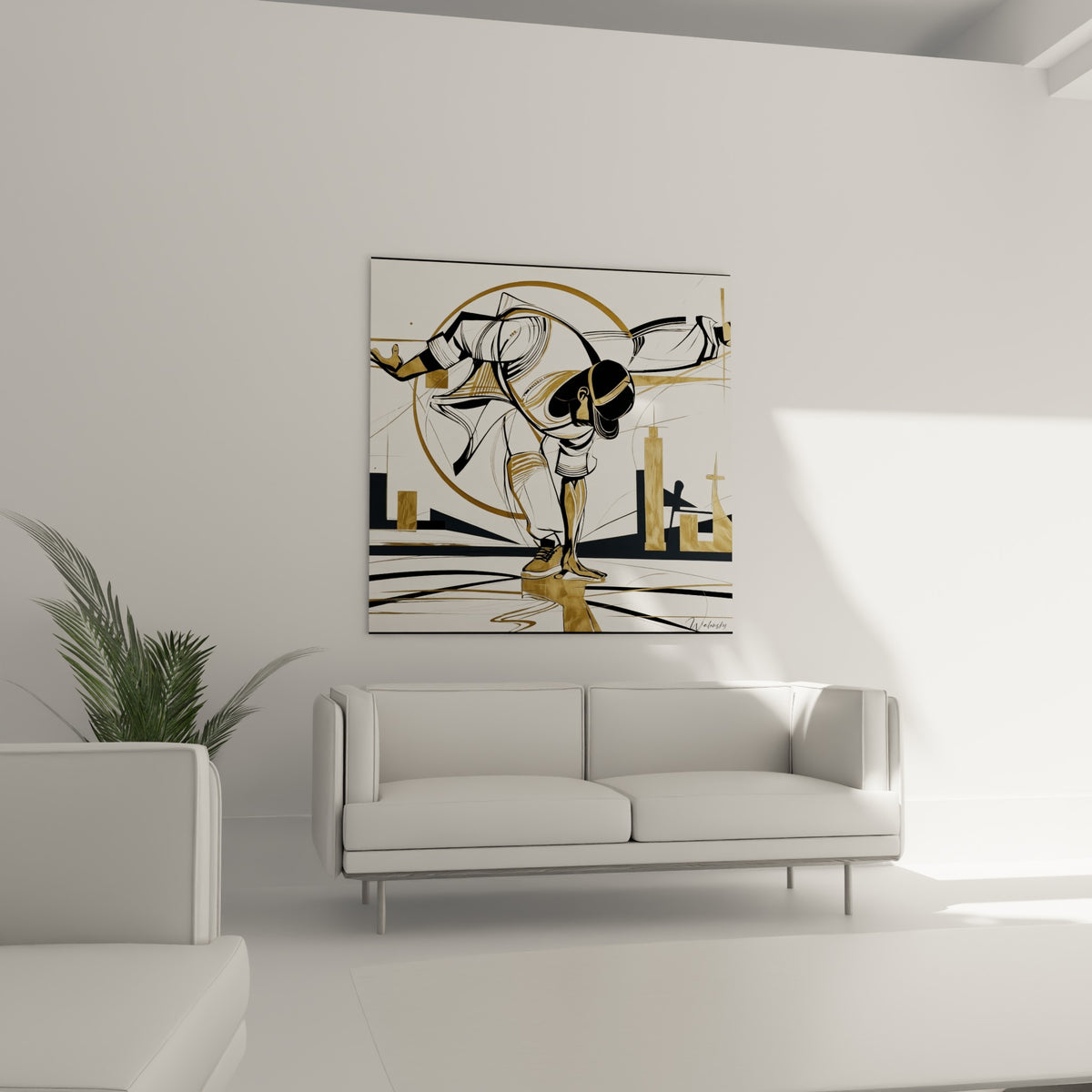 Figure breakdance noire et dorée en plein mouvement urbain au-dessus d'un canapé dans un salon lumineux