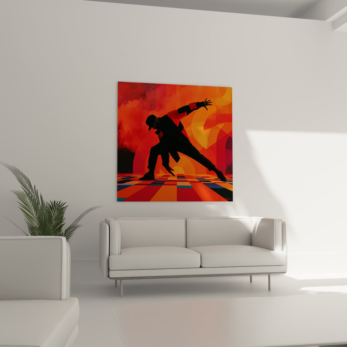 Figure du danseur Breakdance en noir et rouge intense, au-dessus d'un canapé dans un salon lumineux