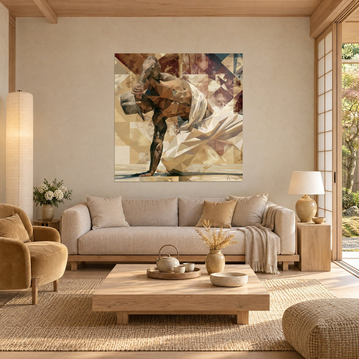 Wall art of a breakdancer balancing on one hand, faceted ochre and burgundy, hung above a sofa in a bright living room