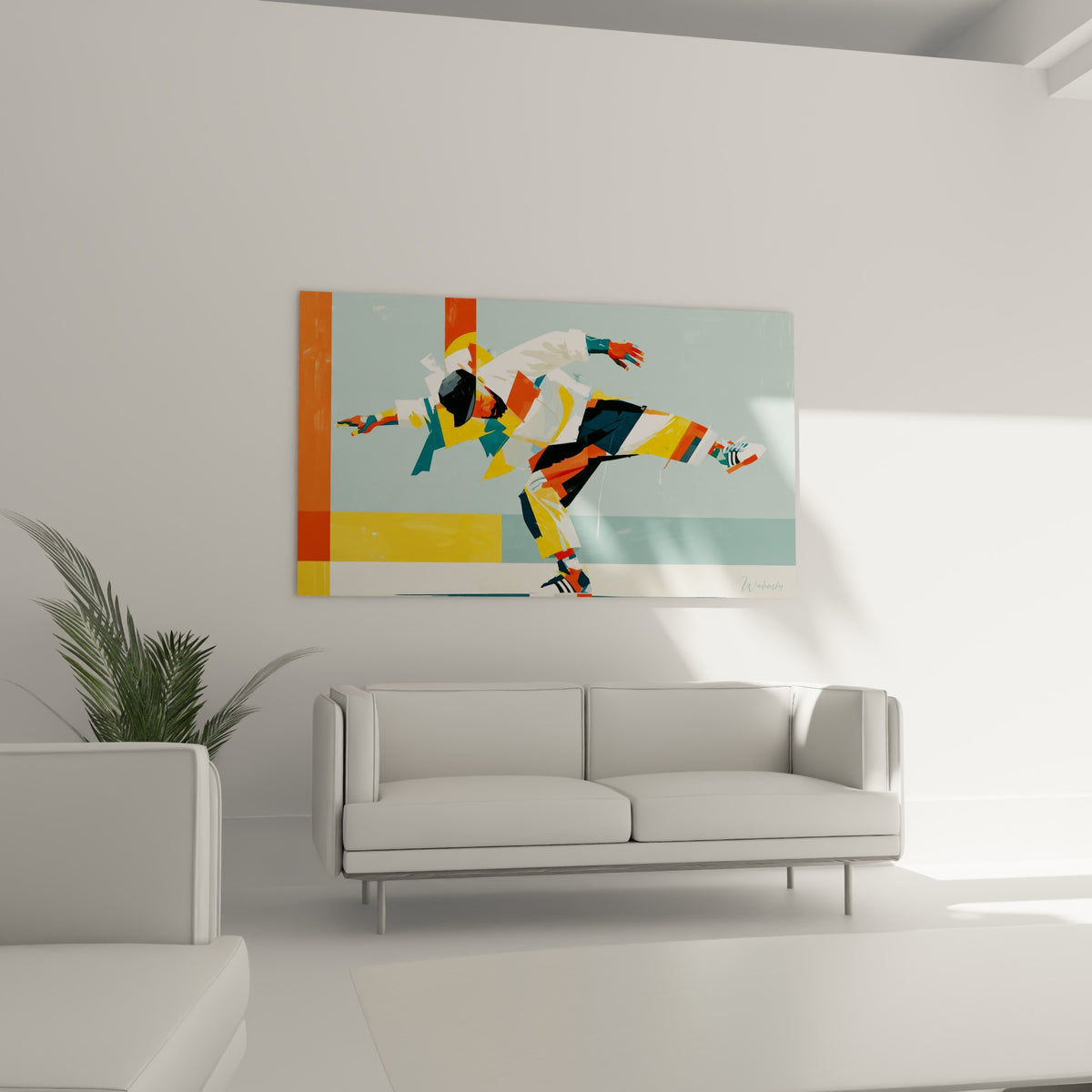 Danseur urbain orange et bleu pastel en équilibre, positionné au-dessus d'un canapé dans un salon lumineux