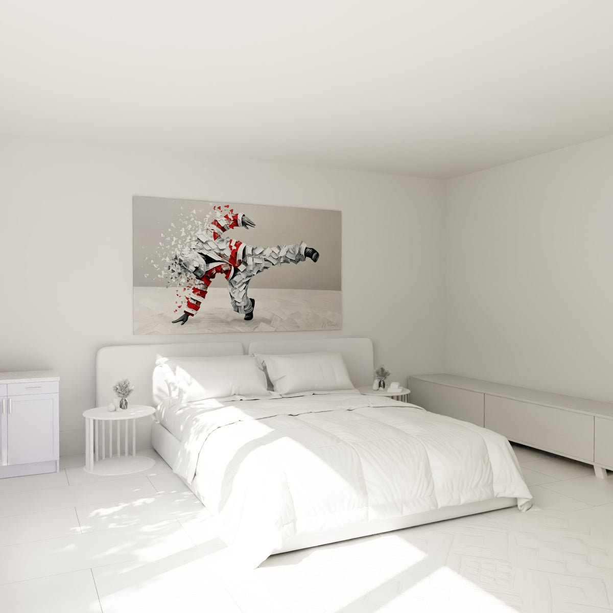 Silhouette breakdance anthracite et écarlate accrochée au-dessus d'un lit dans une chambre claire