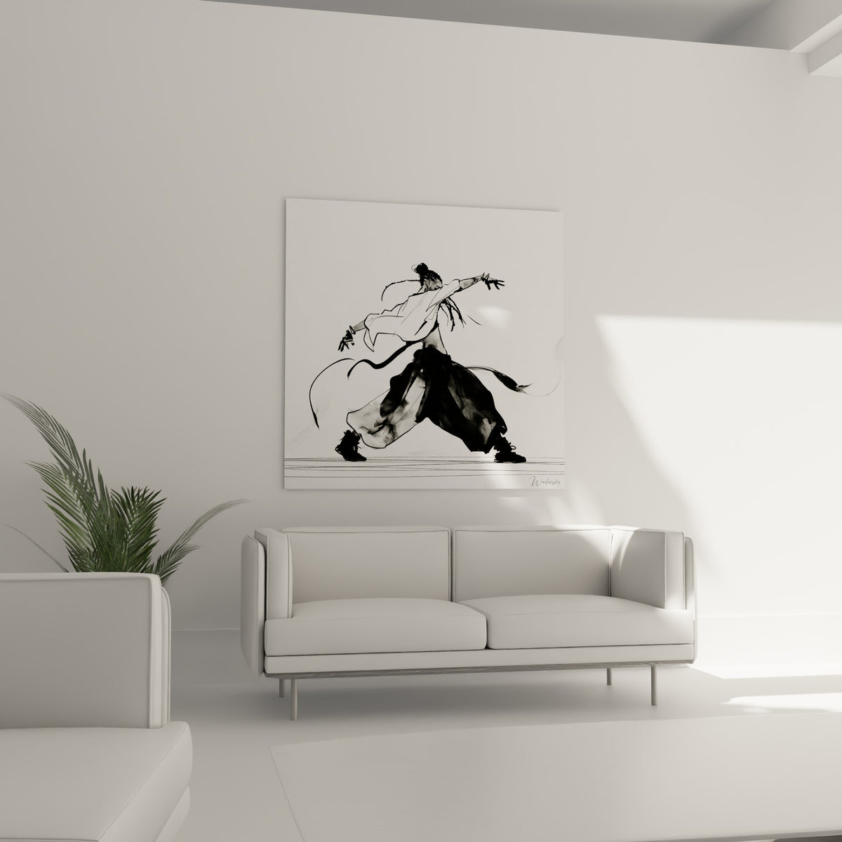 Figure breakdance esquissée à l'encre grise et noire, bras tendus, au-dessus d'un canapé dans un salon lumineux