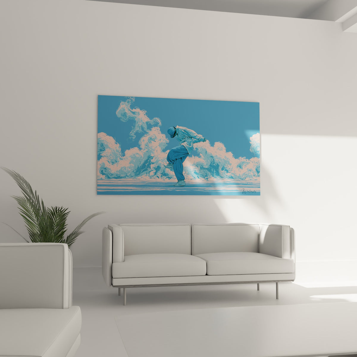 Personnage breakdance bleu ciel figé en mouvement, placé au-dessus d'un canapé dans un salon lumineux