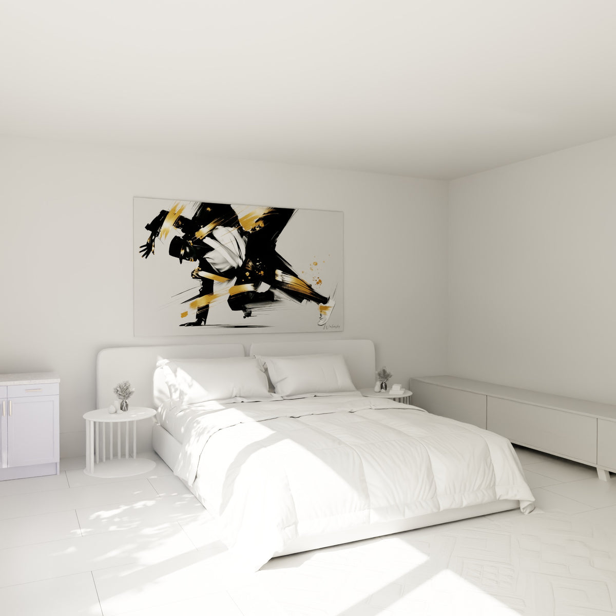 Silhouette de breakdance noir et doré en mouvement, accrochée au-dessus d'un lit dans une chambre claire.