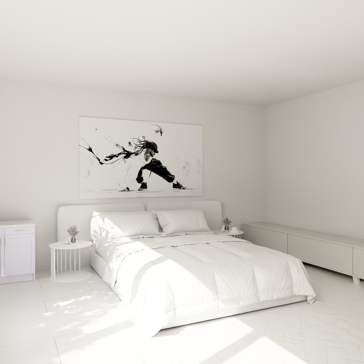 Silhouette breakdance anthracite et blanche accrochée au-dessus d'un lit dans une chambre claire