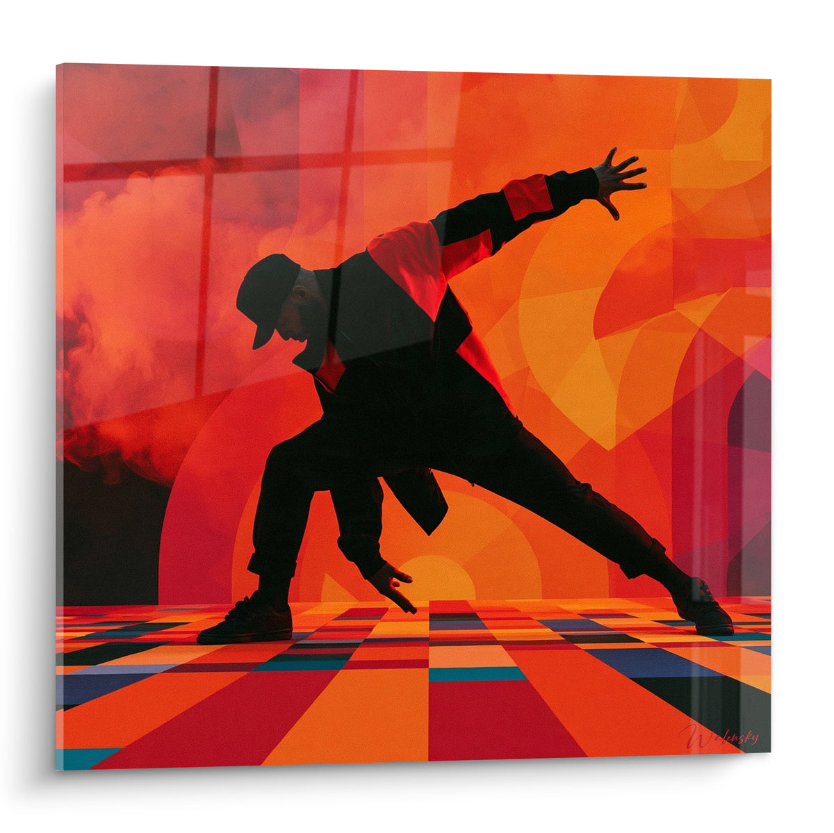 Breakdance : danseur silhouette noire en figure au sol sur fond orange et rouge géométrique