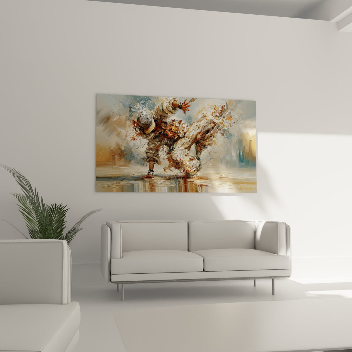 Silhouette breakdance terracotta et bleu marine suspendue en l'air, au-dessus d'un canapé dans un salon lumineux