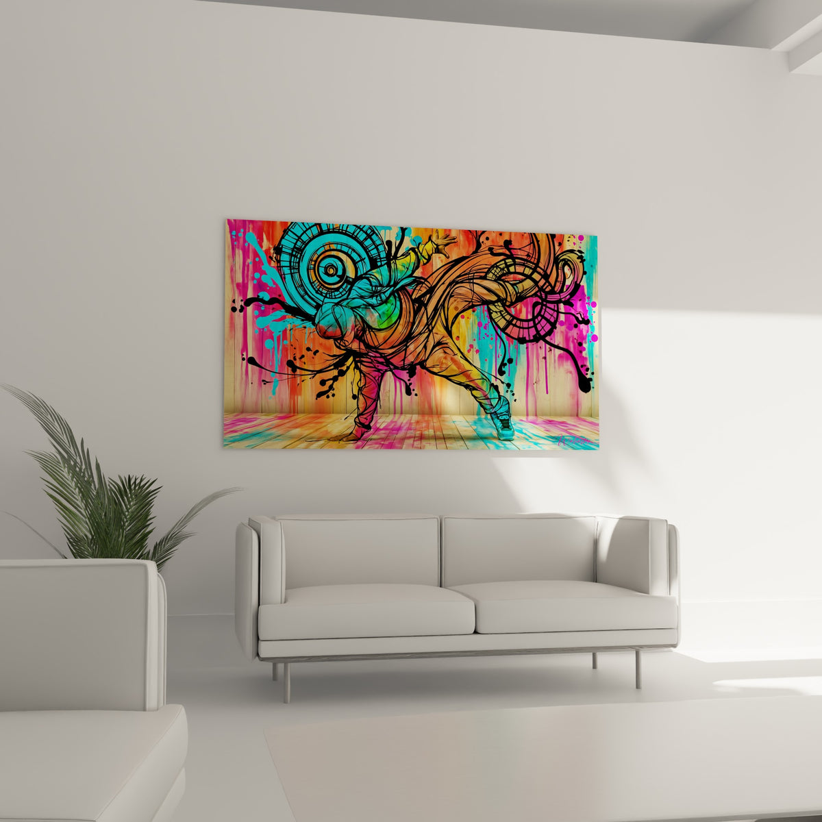 Figure breakdance acrobatique, tons corail et turquoise, motifs en spirale, au-dessus d'un canapé dans un salon lumineux