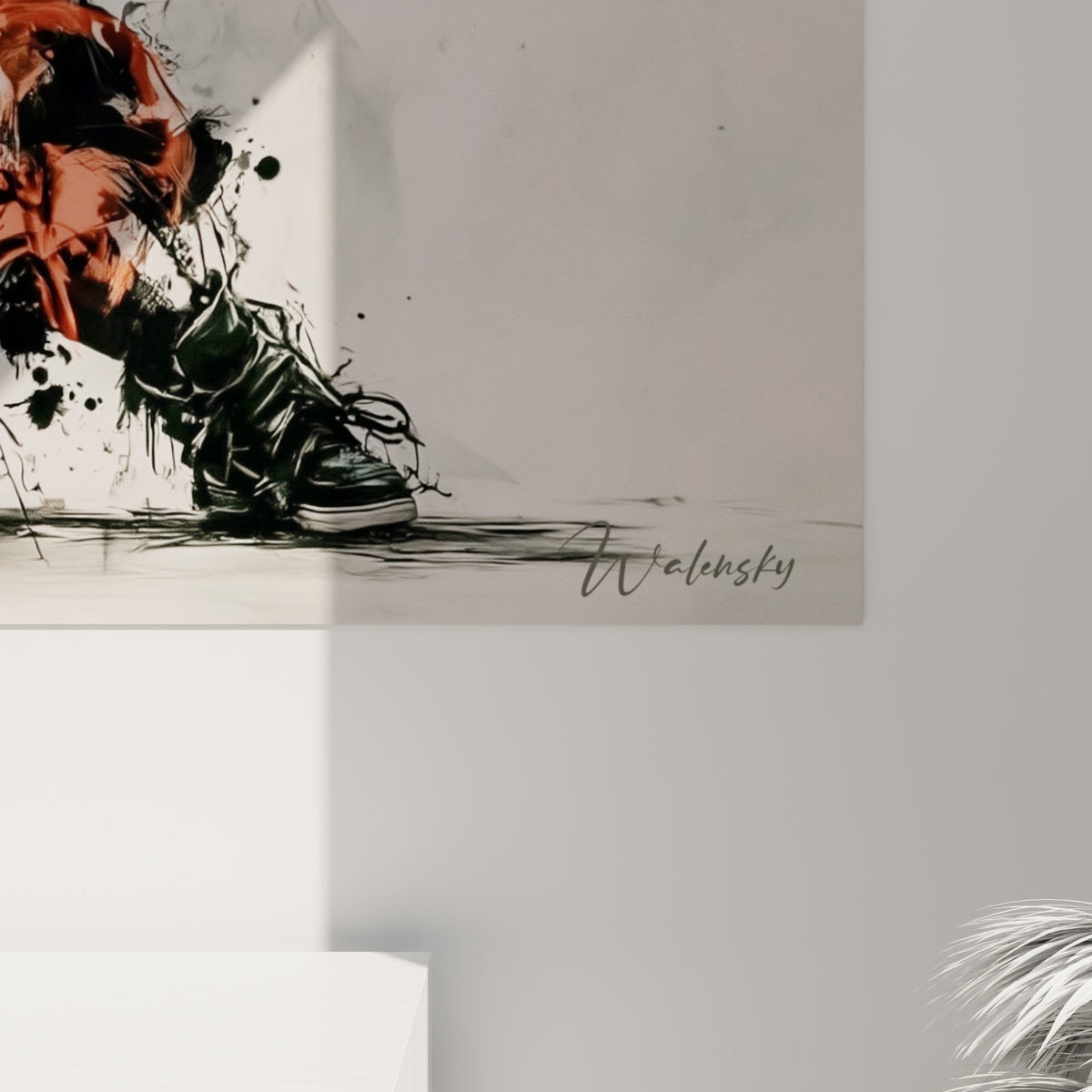 Matière picturale du tableau breakdance révélant les coulures d'encre noire et les touches orange qui se mêlent au grain de la toile