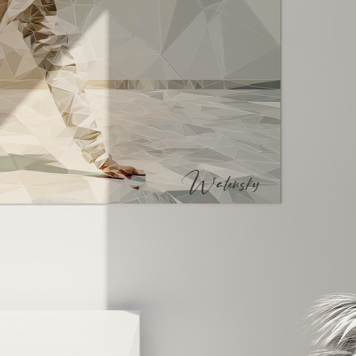 Empâtements triangulaires beige, gris et bordeaux se touchant sur la toile du breakdancer accrochée au mur