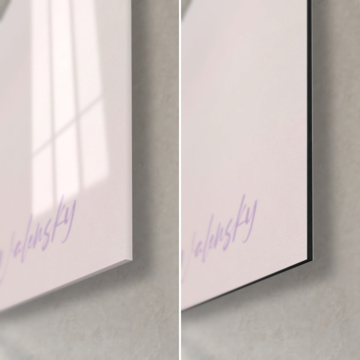 Tableau b-boy figé en plein mouvement, signature Walensky lilas, reflets sur verre acrylique brillant à gauche, alu Dibond mat à droite, tranche de 3 mm