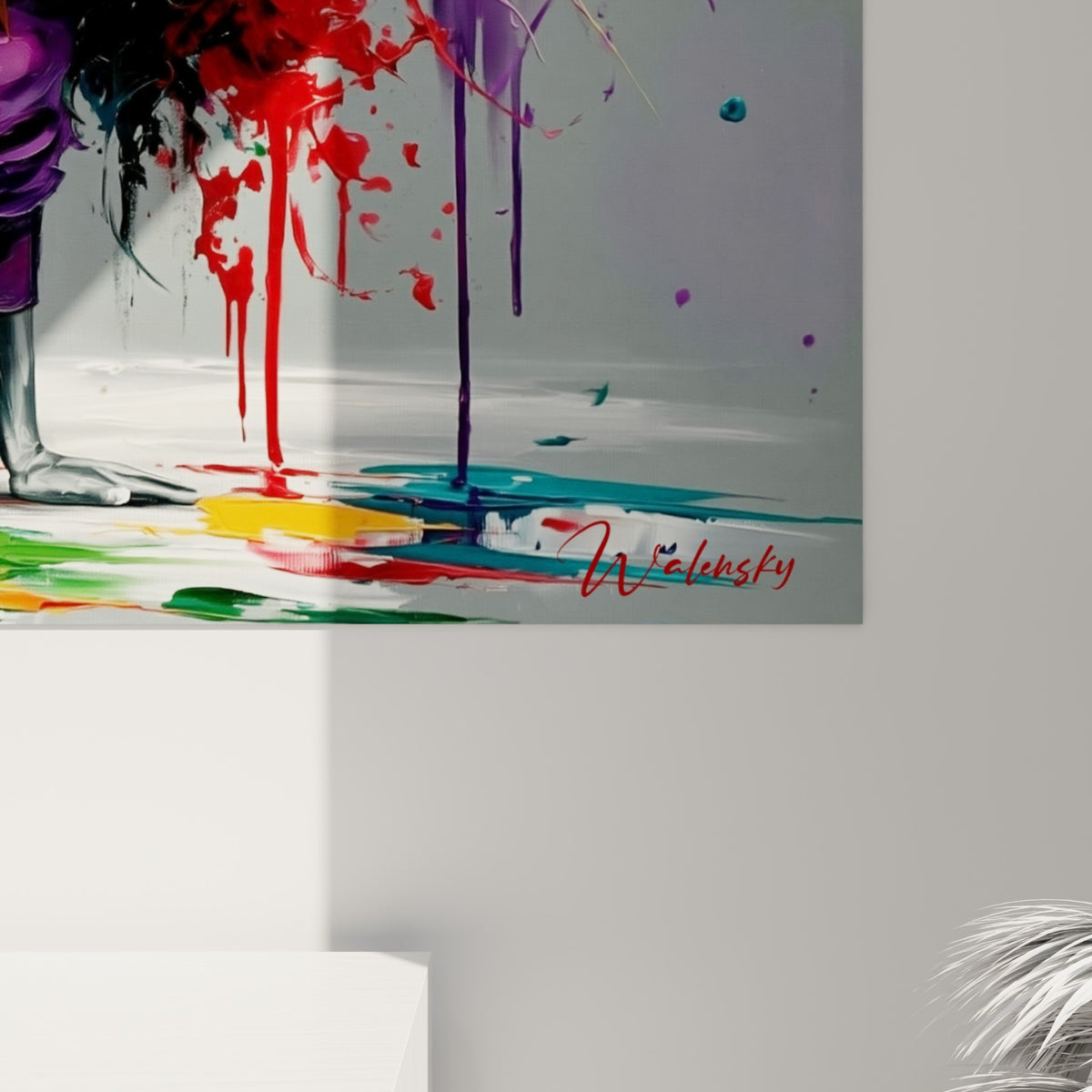 Empâtements et coulures rouges du tableau breakdance, textures épaisses mêlant vert et bleu pastel