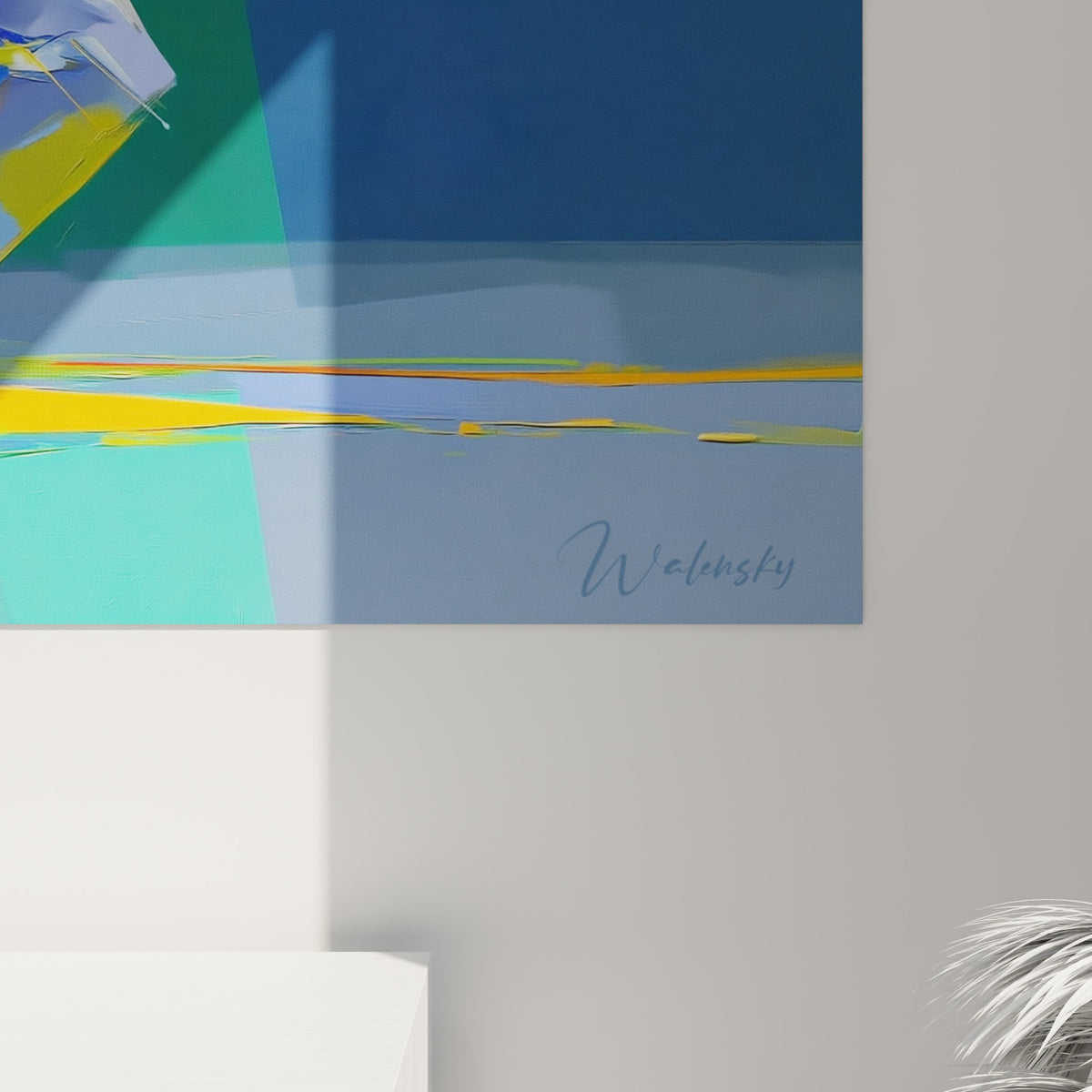 Empâtements de peinture bleu marine et orange vif révélant la texture du tableau breakdance accroché