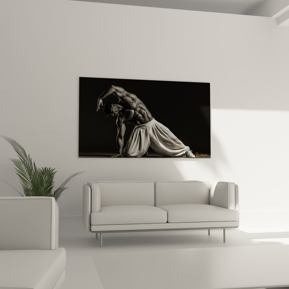 Genou au sol et bras tendu, jeu d'ombres anthracite, tableau Breakdance au-dessus d'un canapé dans un salon lumineux