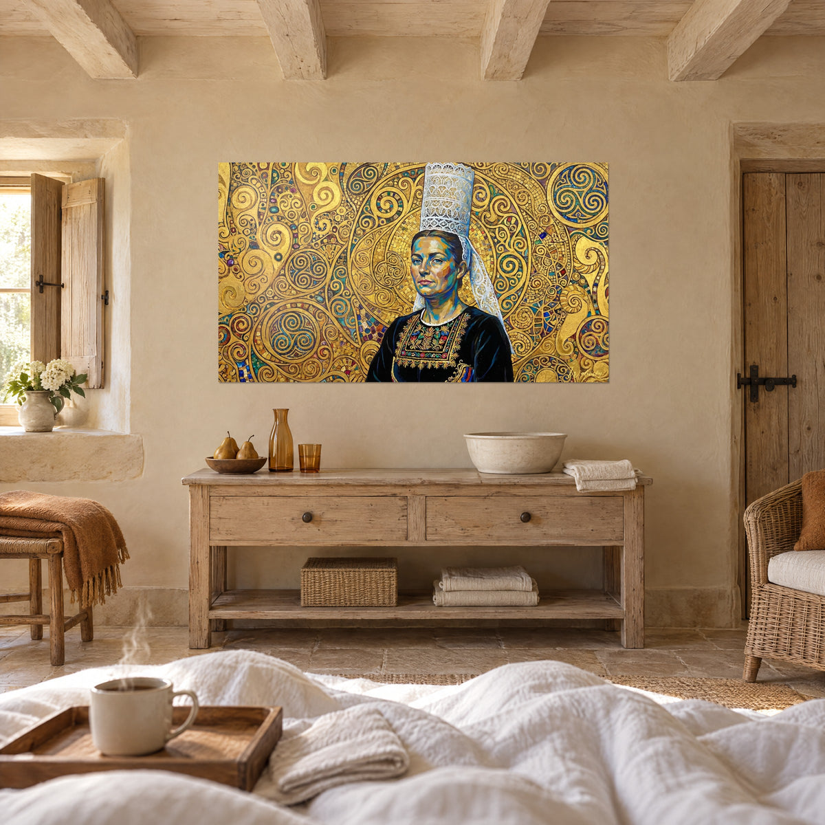 Schilderij Bretonse boerin met blauwgetint gezicht, kanten muts en gouden mozaïek, verweerd hout, boven een bed in een lichte slaapkamer