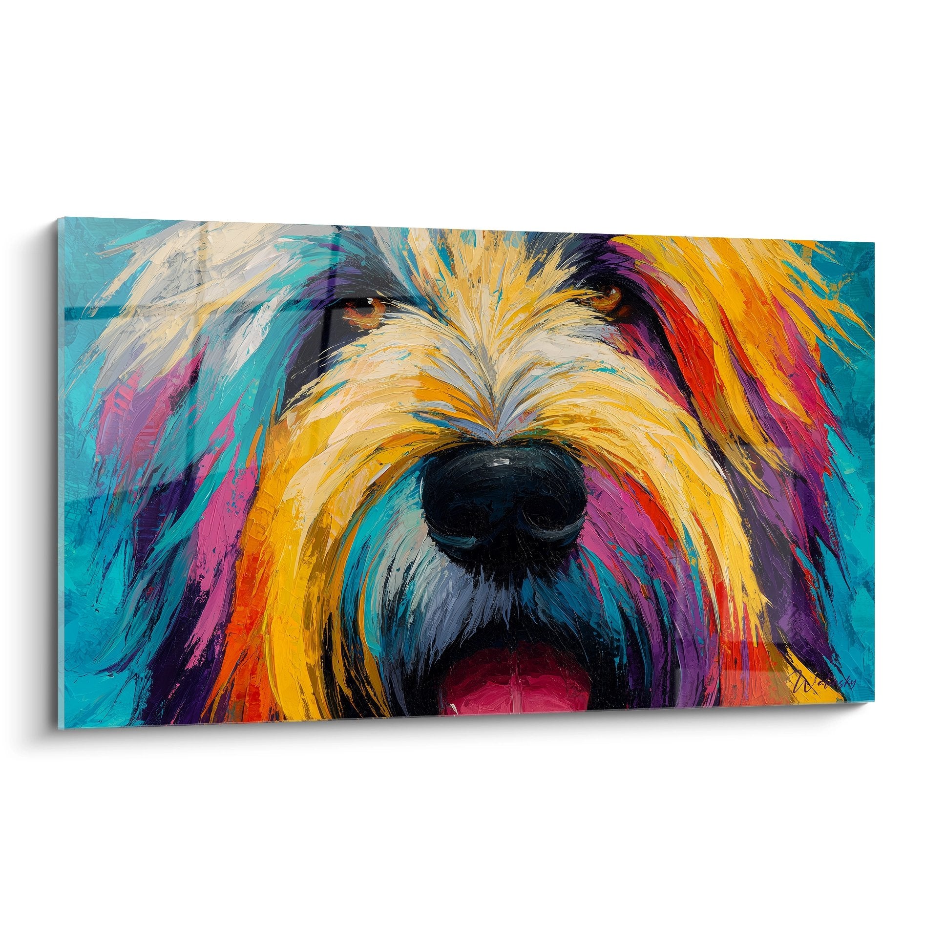Portrait artistique de Briard aux couleurs vives turquoise orange violet, style peinture expressive moderne