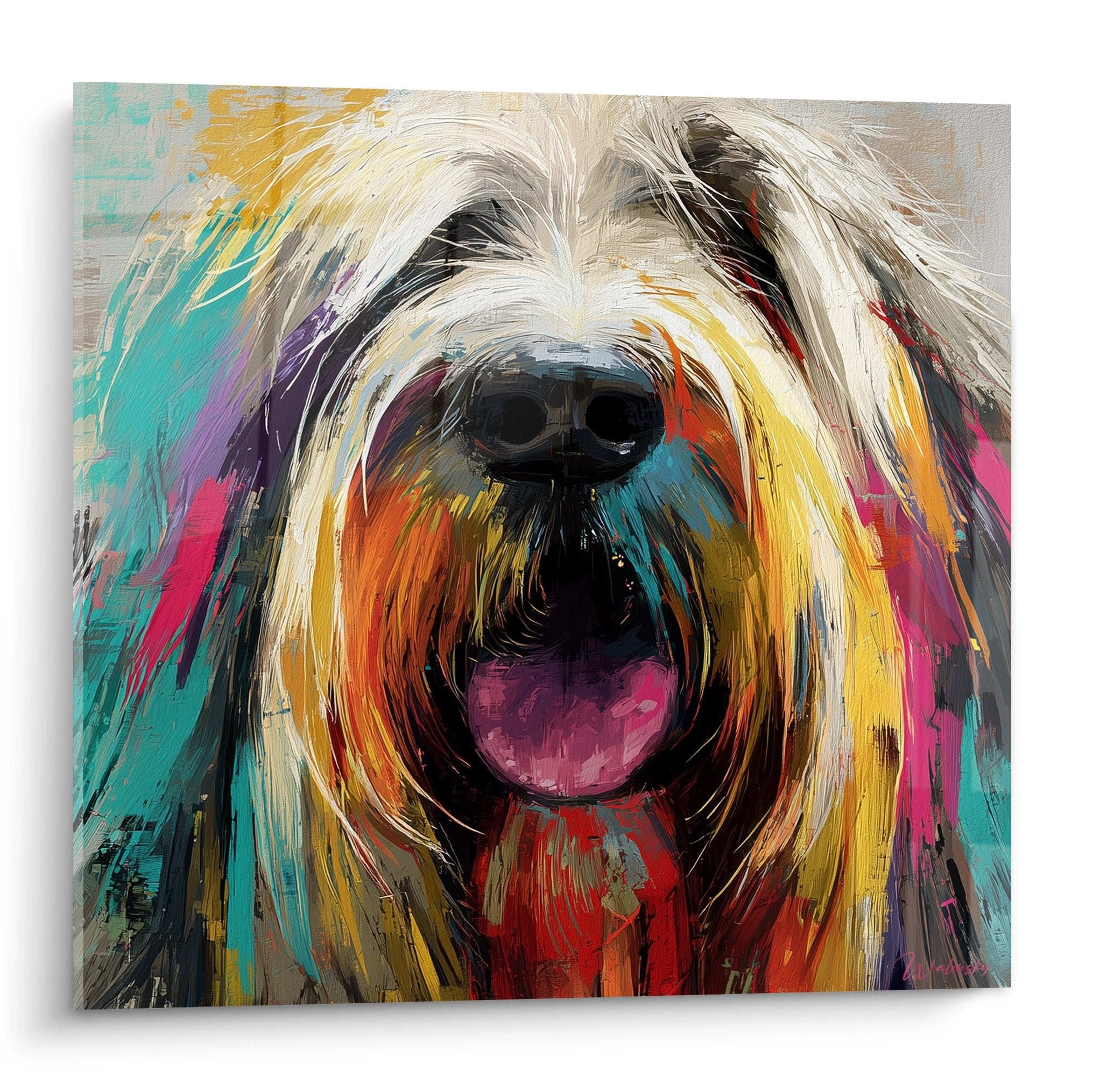 Portrait artistique de Briard aux couleurs vives turquoise orange violet langue rose sortie