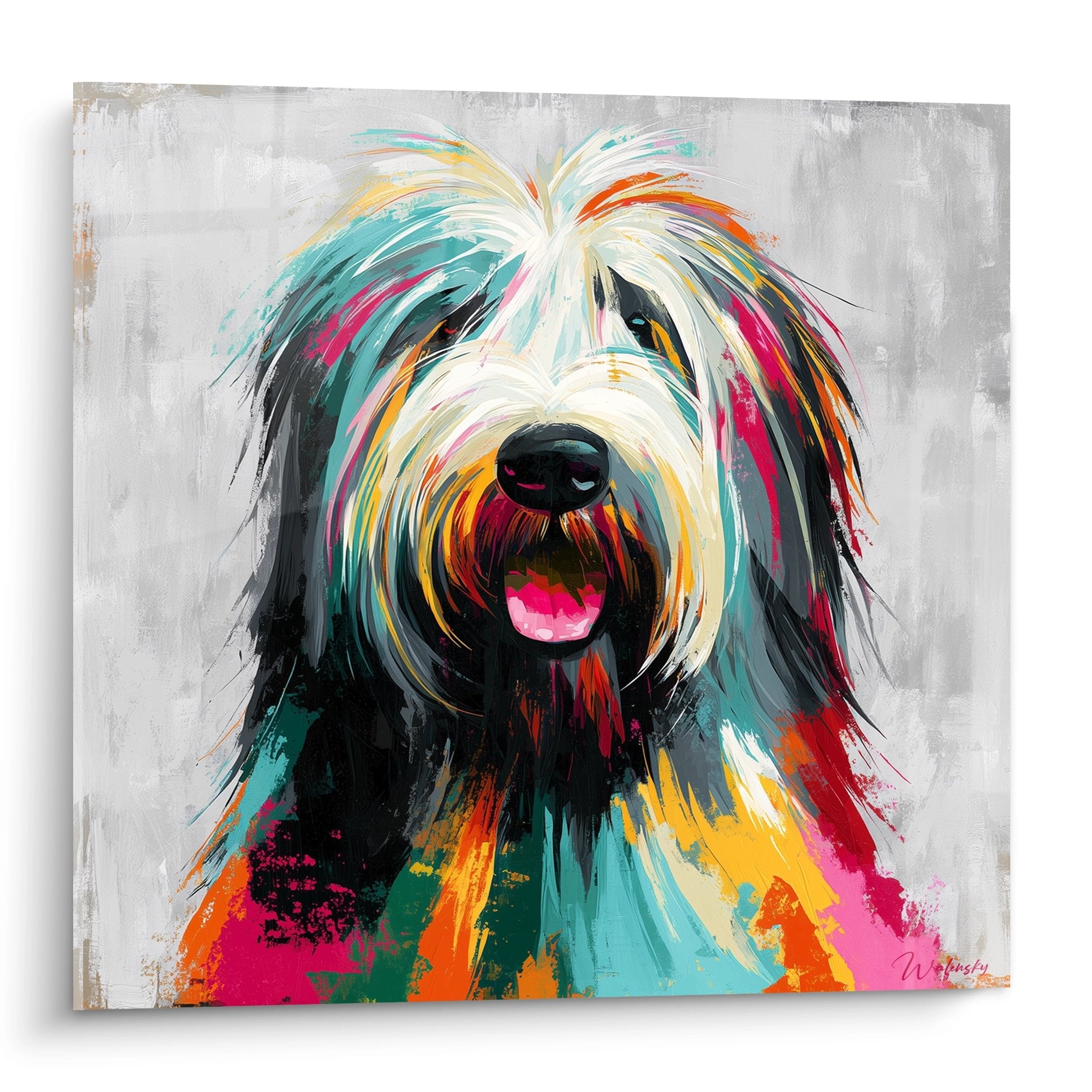 Portrait artistique de Briard aux couleurs vives turquoise orange rose sur fond gris