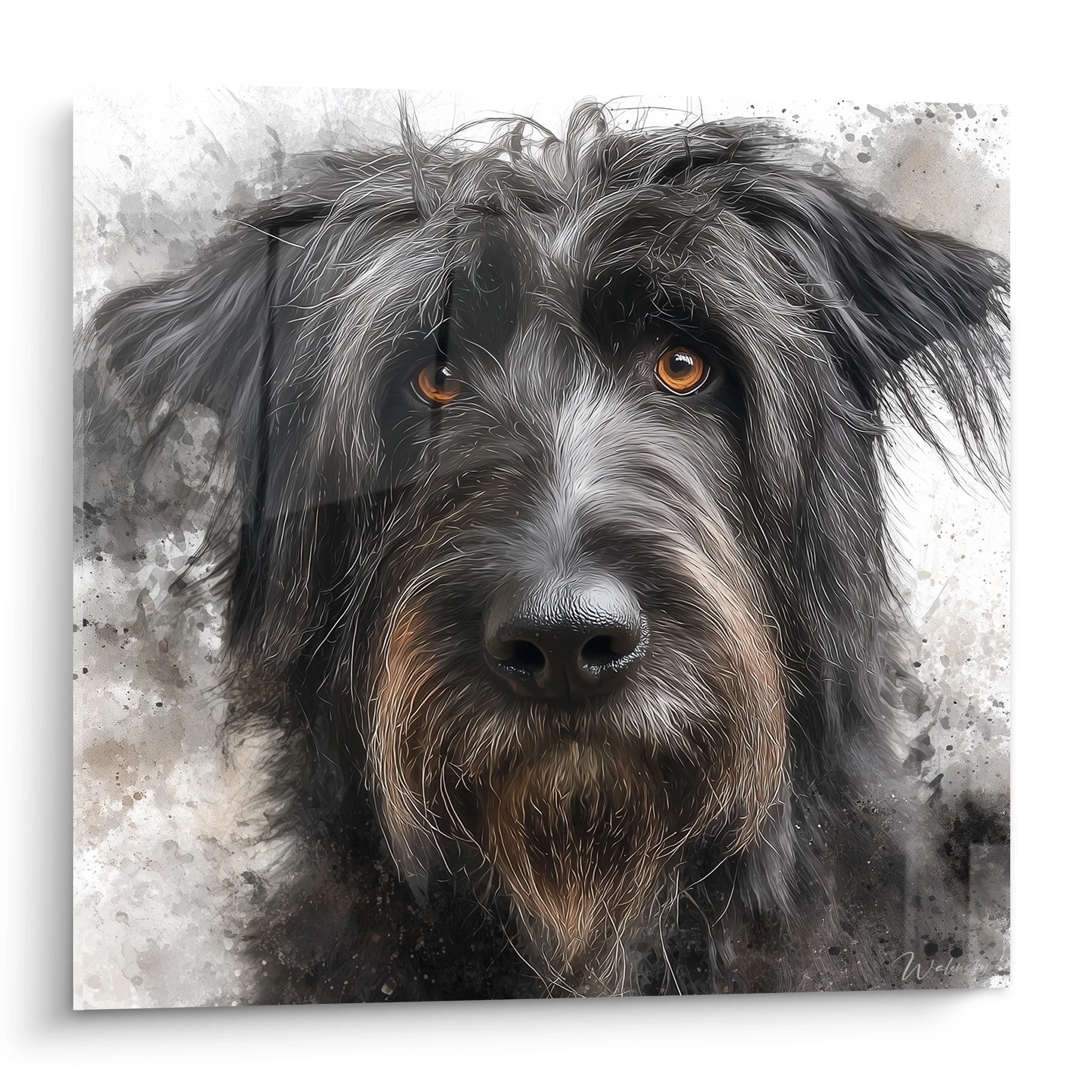 Portrait artistique briard yeux ambrés pelage sombre fond aquarelle gris beige tableau mural chien