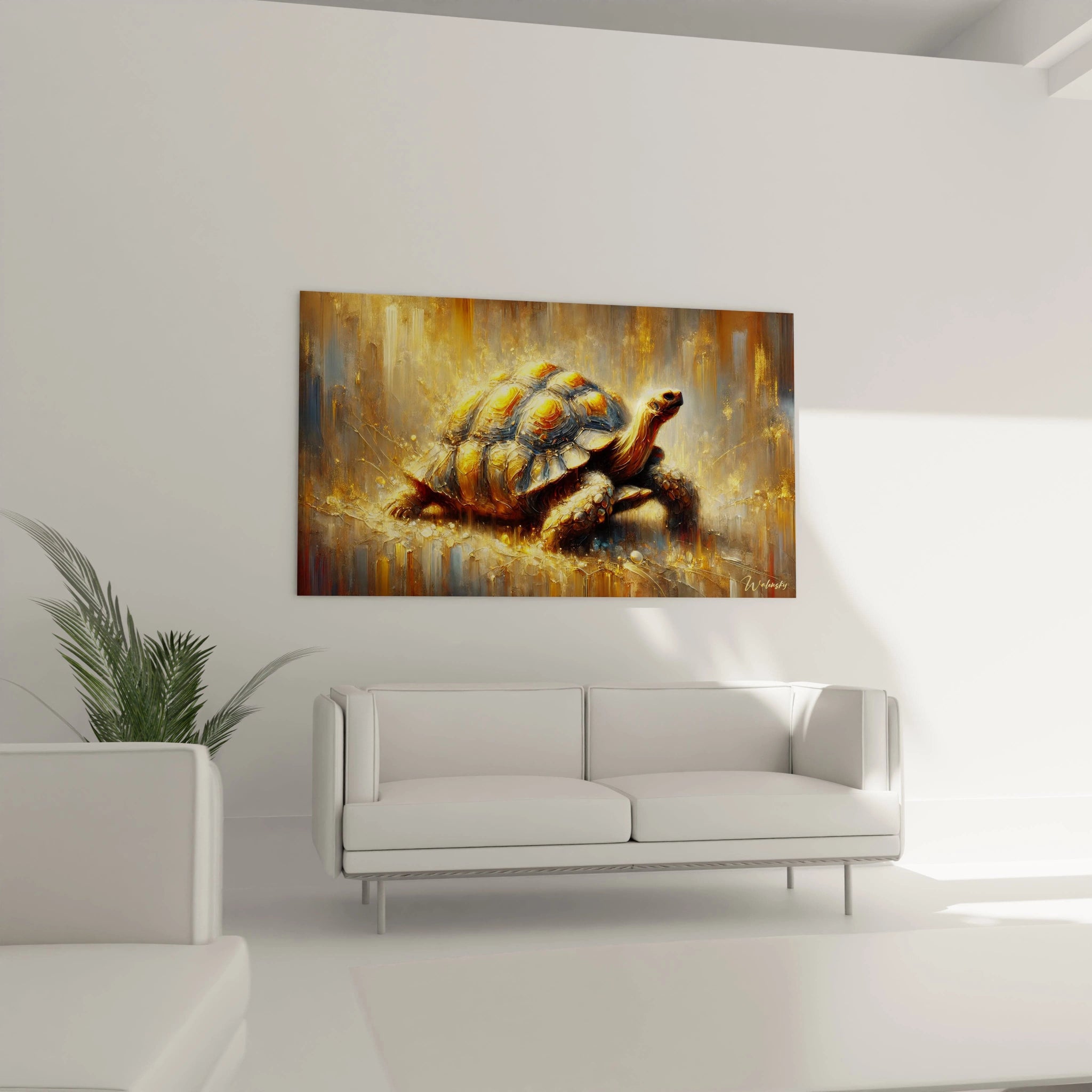 Ce tableau tortue terrestre, accroché au mur au-dessus du canapé, illumine le salon avec ses reflets métalliques. Son allure captivante apporte un mélange de nature et d’élégance à votre espace.