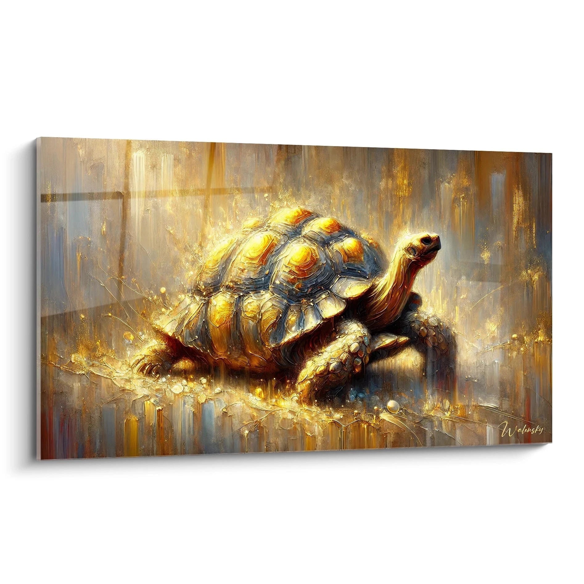 Vue de biais, ce tableau tortue terrestre dévoile des détails captivants. La carapace aux reflets dorés et métalliques brille dans une ambiance luxuriante, ajoutant profondeur et éclat à tout espace intérieur.