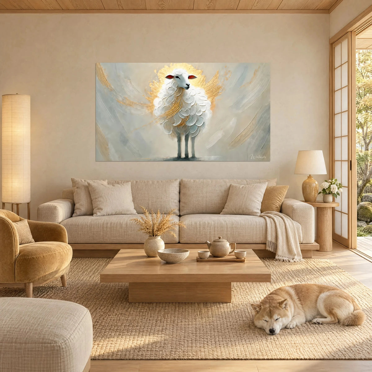 Tableau mouton à toison blanche bouclée, halo d'or et fond gris perle, un Shiba couché au sol, au-dessus d'un canapé dans un salon lumineux