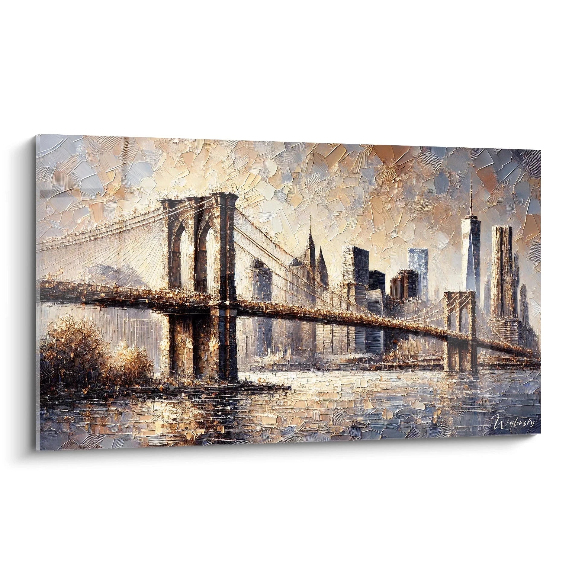 tableau Brooklyn Bridge vu de biais dévoile des détails texturés uniques, mêlant or et gris pour capturer l'élégance du pont sous une lumière urbaine douce et captivante.