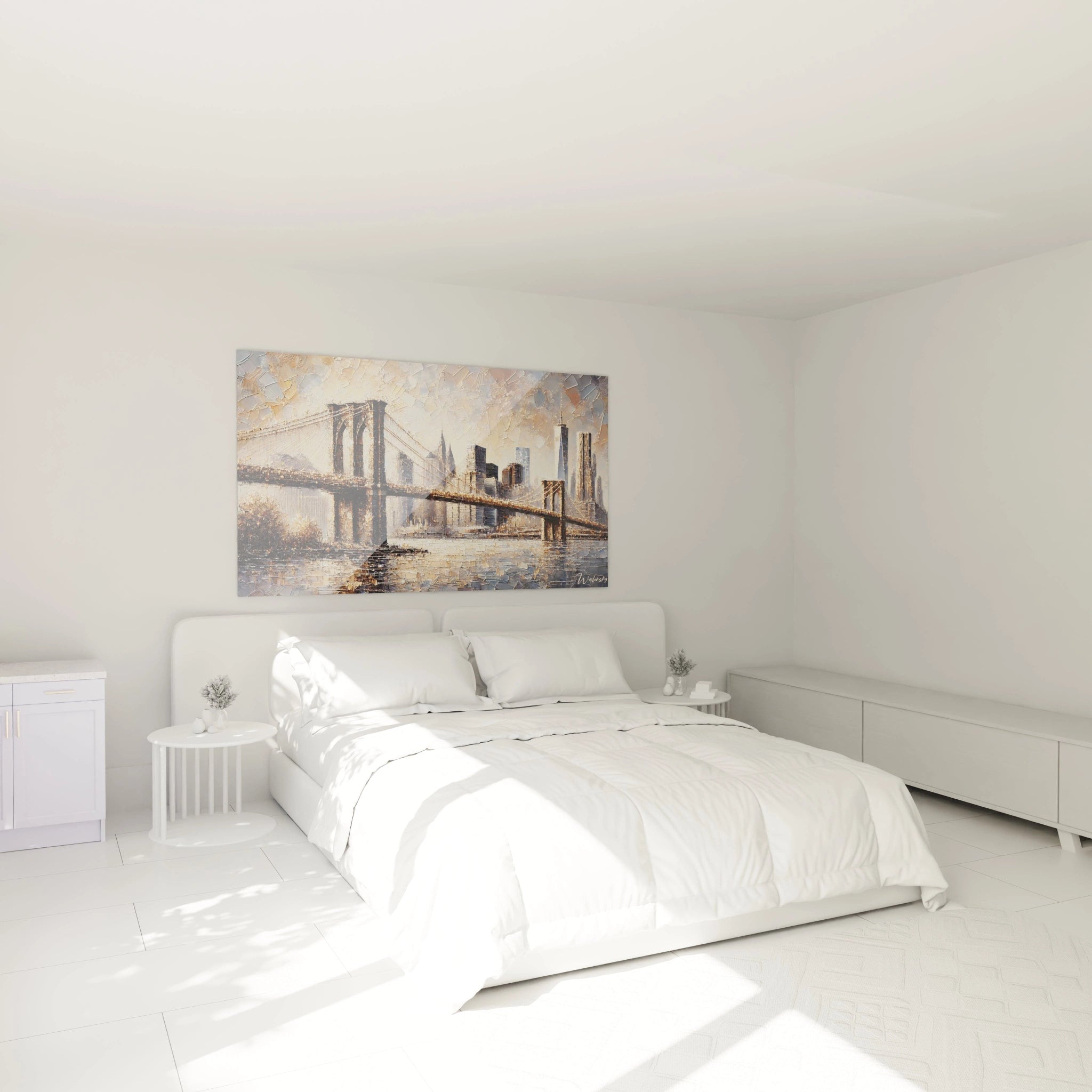 tableau Brooklyn Bridge accroché dans une chambre au-dessus du lit diffuse une ambiance apaisante avec ses teintes dorées et grises, évoquant la magie d’un lever de soleil new-yorkais.