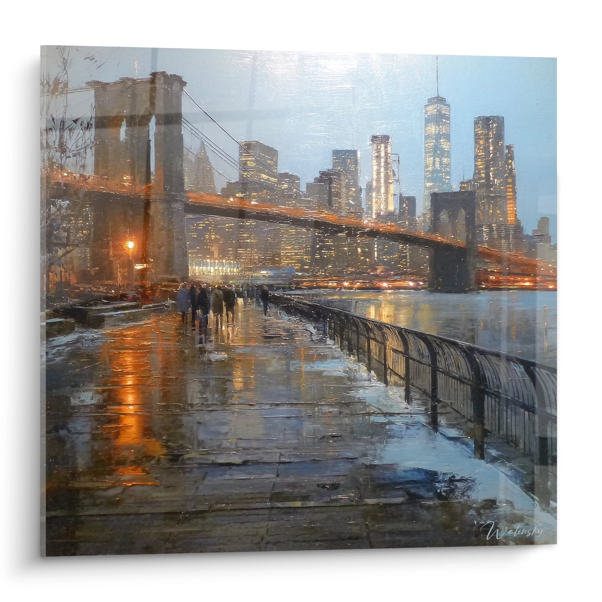 Tableau Brooklyn Bridge sous la pluie nocturne avec reflets dorés et promeneurs - art urbain New York