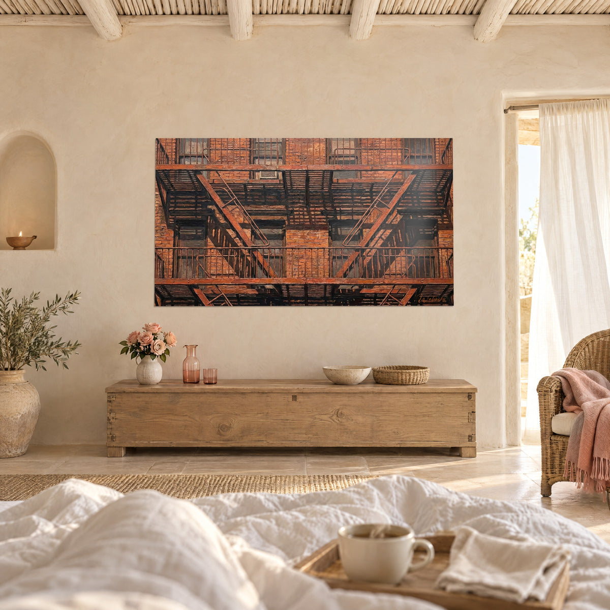 Quadro muro di mattoni arancioni e balconi in ferro battuto neri, appeso sopra un letto in una camera luminosa