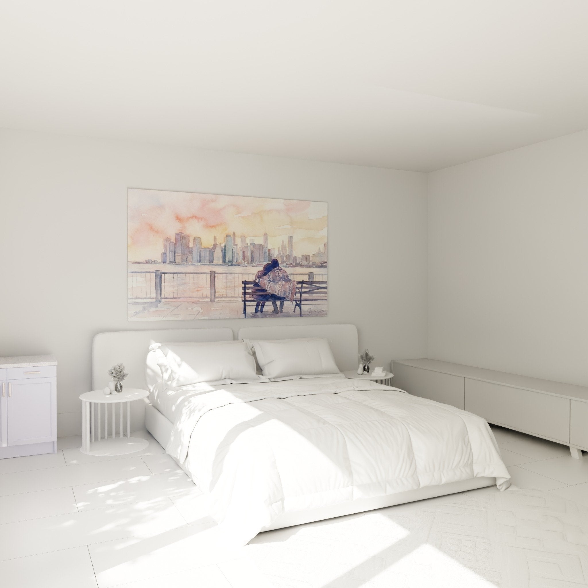 Tableau aquarelle Brooklyn couple banc gratte-ciels roses décorant chambre ambiance romantique apaisante tons pastel