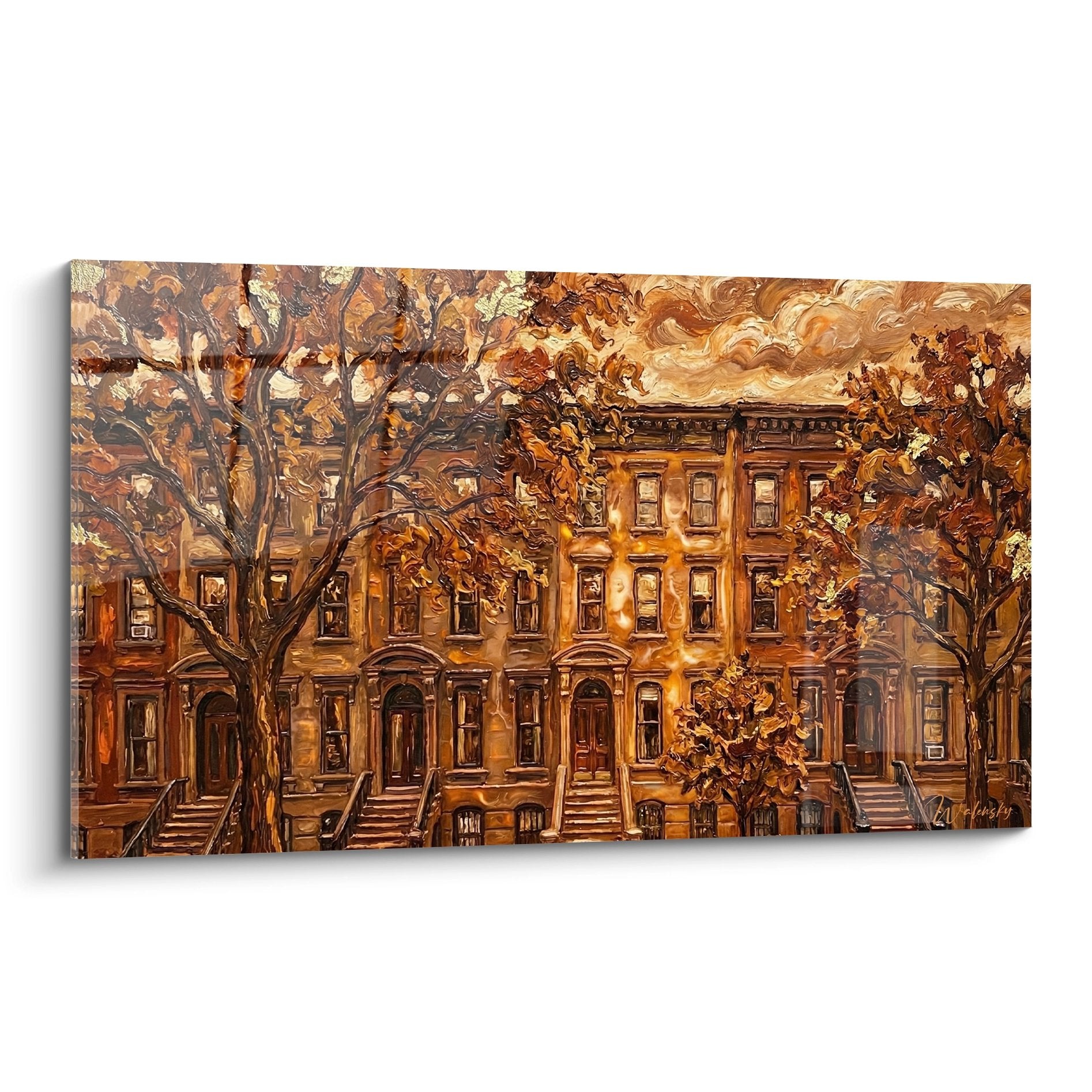 tableau maisons victoriennes brooklyn tons dores oranges automne urbain decoration murale