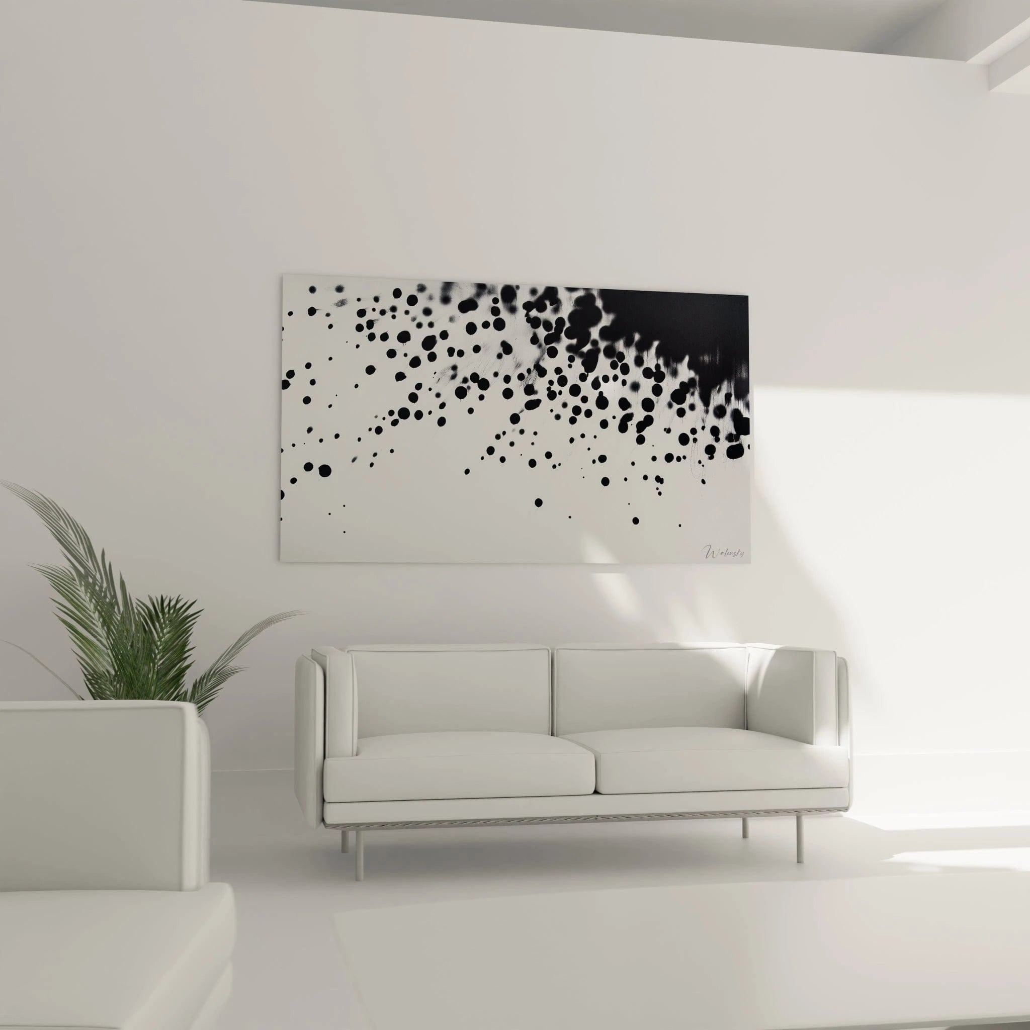 Tableau tacheté noir et blanc Walensky accroché au mur dans un salon moderne