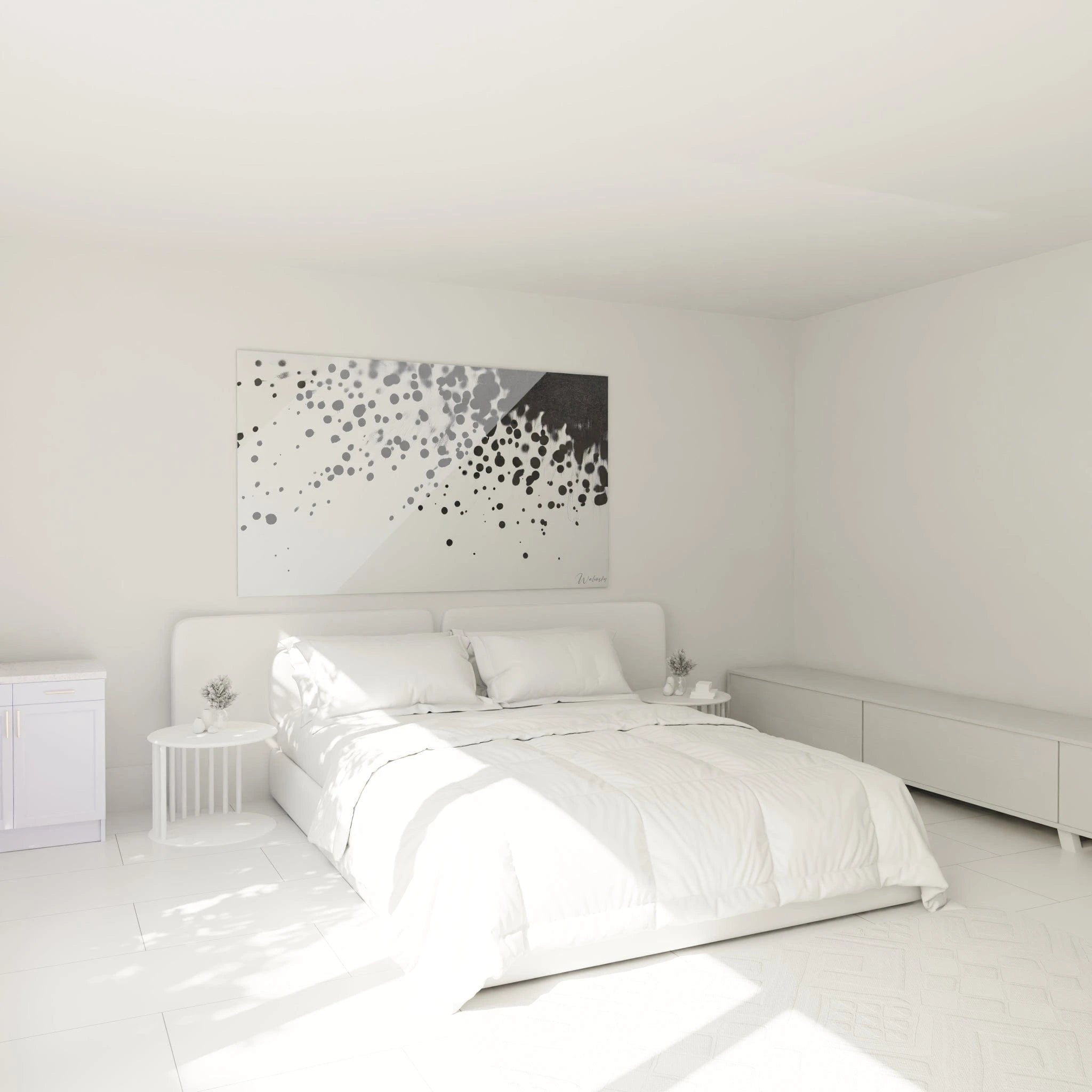 Tableau tacheté noir et blanc Walensky décorant une chambre moderne avec lit blanc