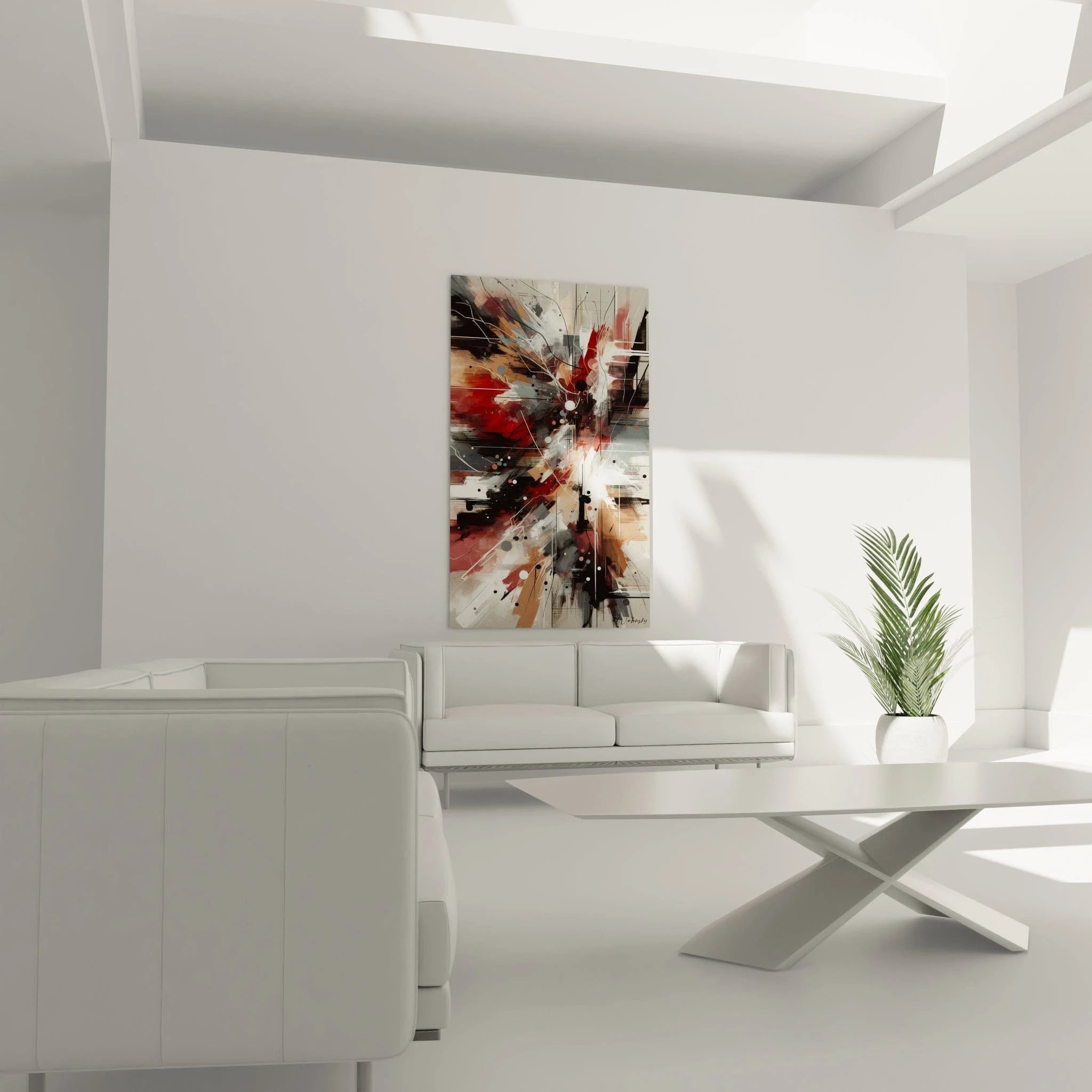 Tableau abstrait présentant un éclatement central de formes en rouge sang, gris acier, noir profond et tons chair. L'œuvre combine des lignes structurelles blanches, des points dispersés et des zones de couleur diffuses avec des effets de transparence et de superposition.