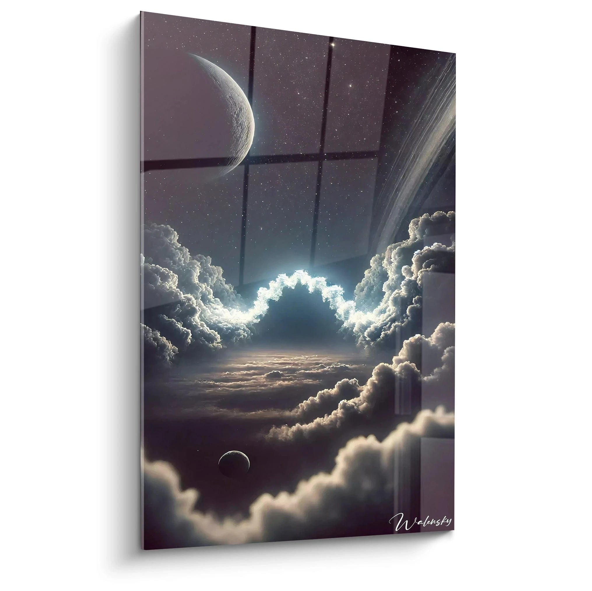 tableau espace accroché au mur avec vue de biais. Nuages vaporeux bleu blanc noir et profondeur galactique. Lumière au centre évoquant espoir et mystère. Idéal pour salon moderne