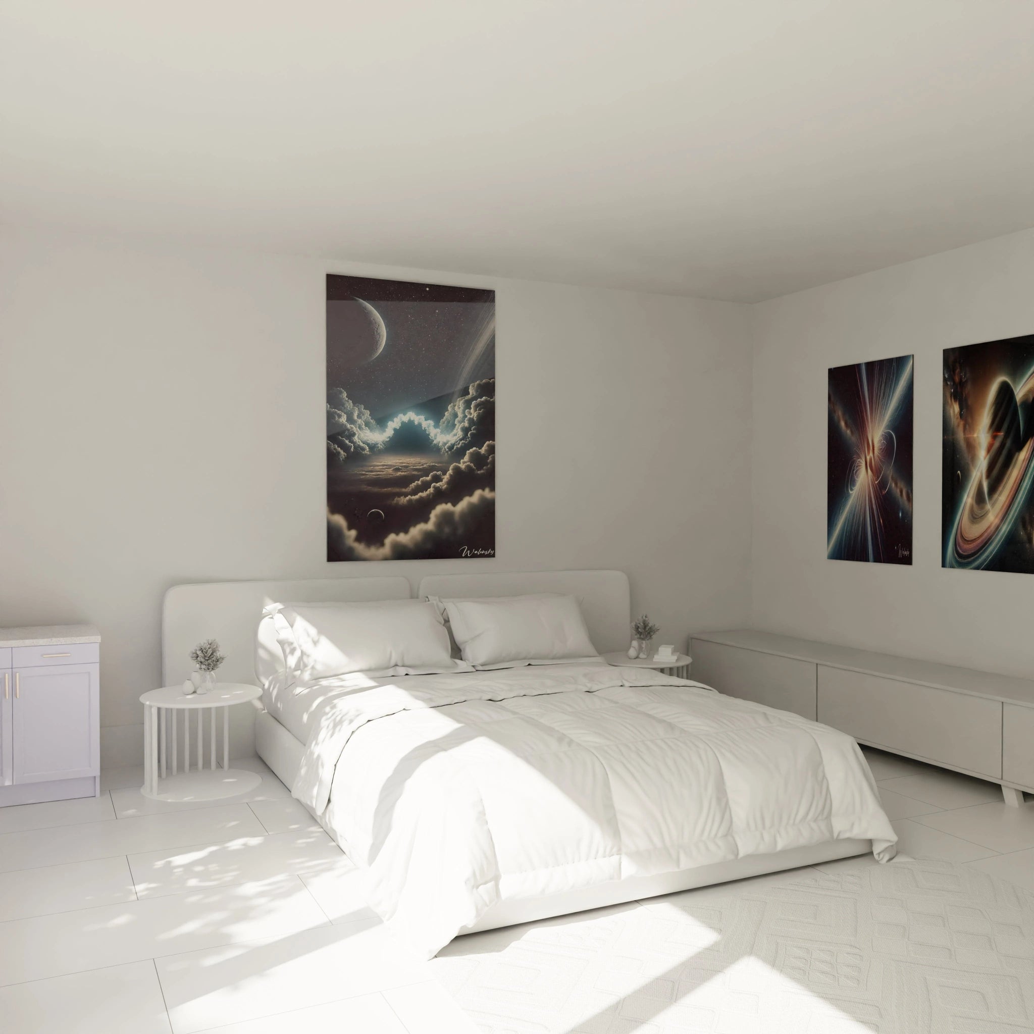 tableau espace suspendu au mur dans une chambre. Nuages cosmiques illuminés créant une ambiance sereine. Bleu et noir dominant pour évasion et rêverie. Parfait pour une chambre zen