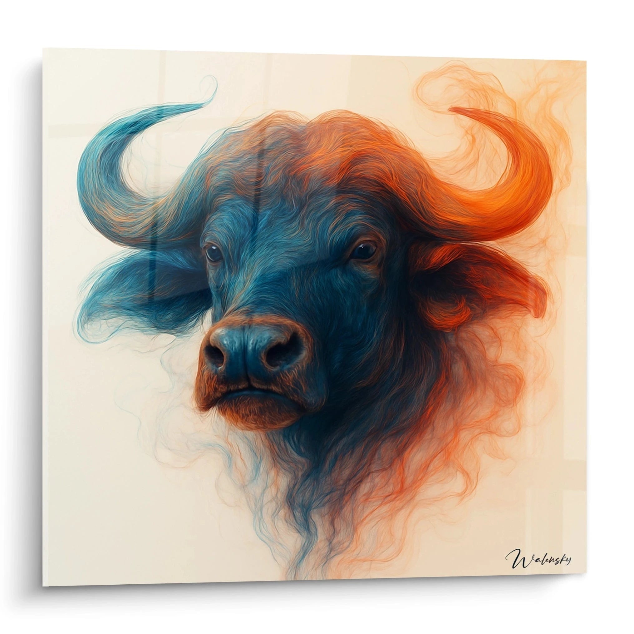 Un tableau buffle bicolore présentant une tête de buffle divisée entre bleu turquoise et orange flamboyant, avec un effet de fumée éthérée. Les poils ondulent comme des vagues fluides, créant une texture vaporeuse sur fond beige clair.