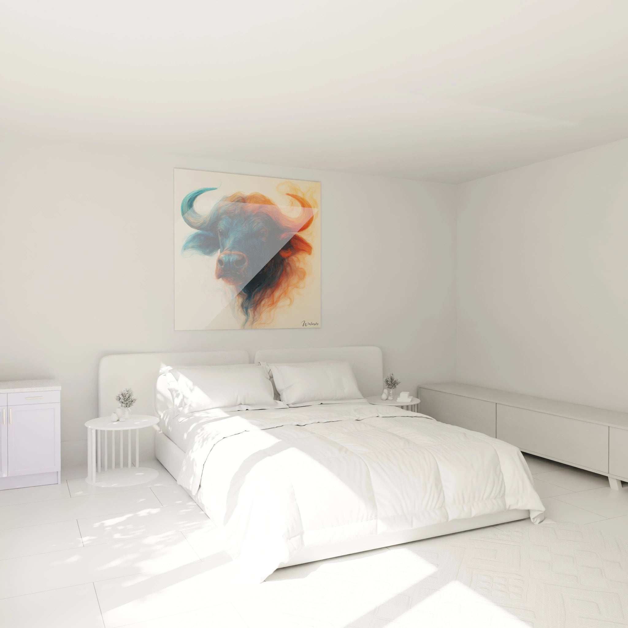 Un tableau buffle contrasté capturant un regard perçant dans un visage divisé entre bleu profond et orange vif. Les teintes s'entremêlent en volutes fluides créant l'illusion d'un animal composé de fumée colorée aux contours délicatement estompés.