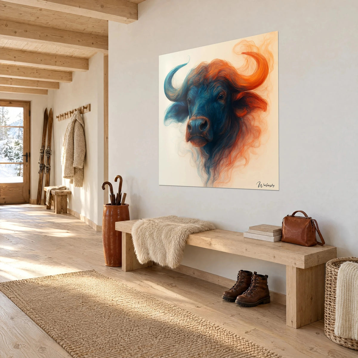 Wall art portrait of an indigo bison, turquoise and orange-tinted horn on a cream background, facing a light wooden bench in a chalet entrance