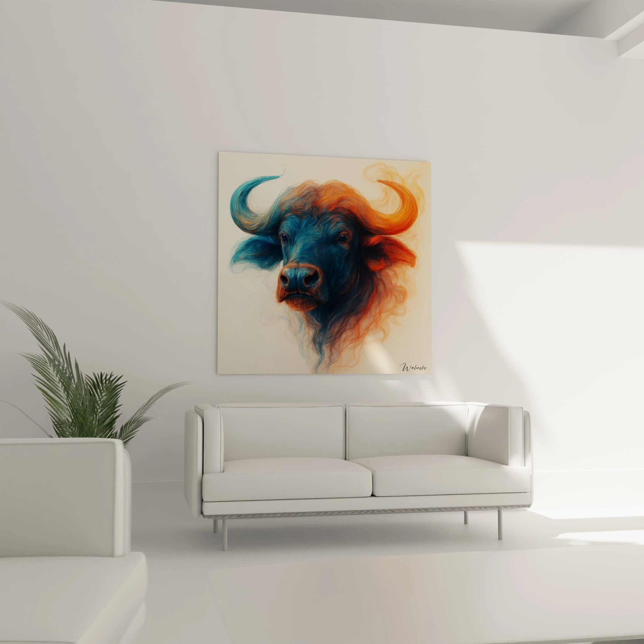 Un tableau buffle éthéré représentant une tête majestueuse aux cornes imposantes, réalisé dans une technique vaporeuse. Les tons bleus et orangés s'opposent et se fondent simultanément, créant un effet de mouvement perpétuel sur fond neutre.