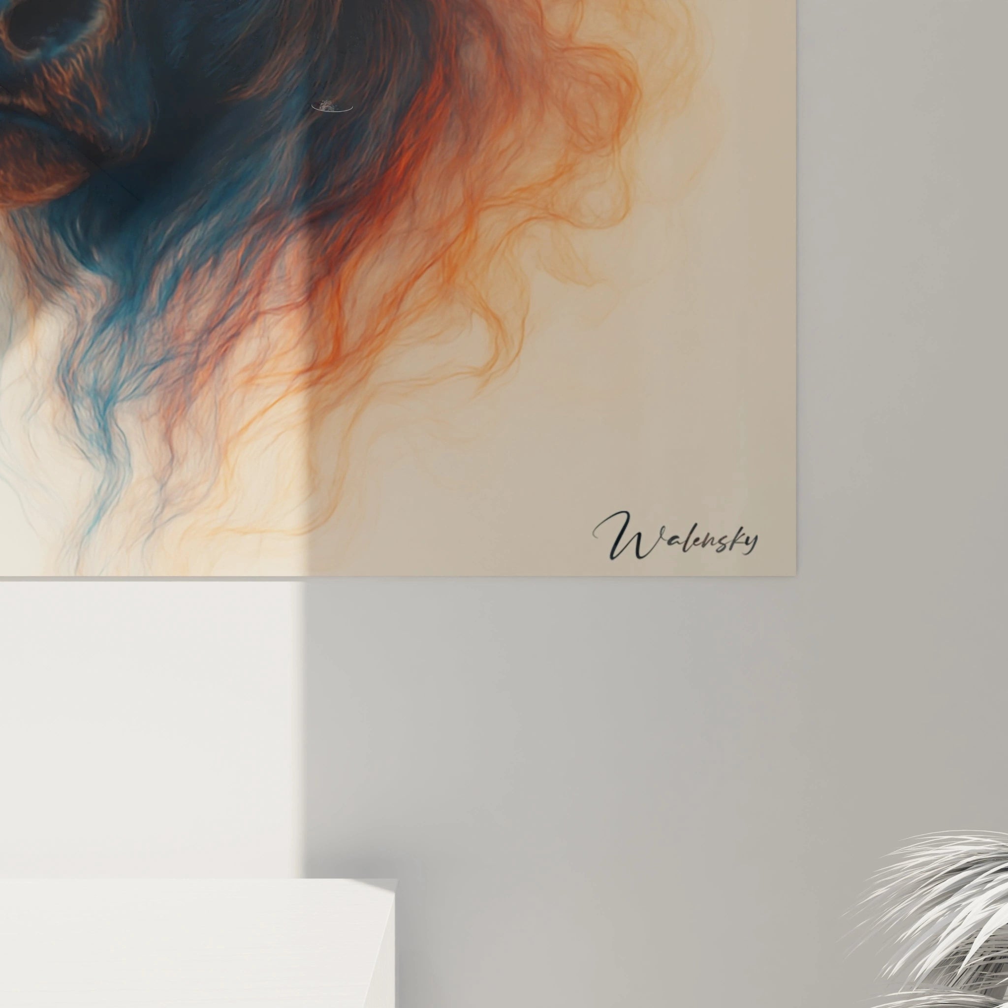 Un tableau buffle dualité montrant un portrait animal aux textures aériennes et fluides. Le contraste entre le bleu turquoise et l'orange cuivré crée une division harmonieuse, avec des détails précis au niveau des yeux et du museau.