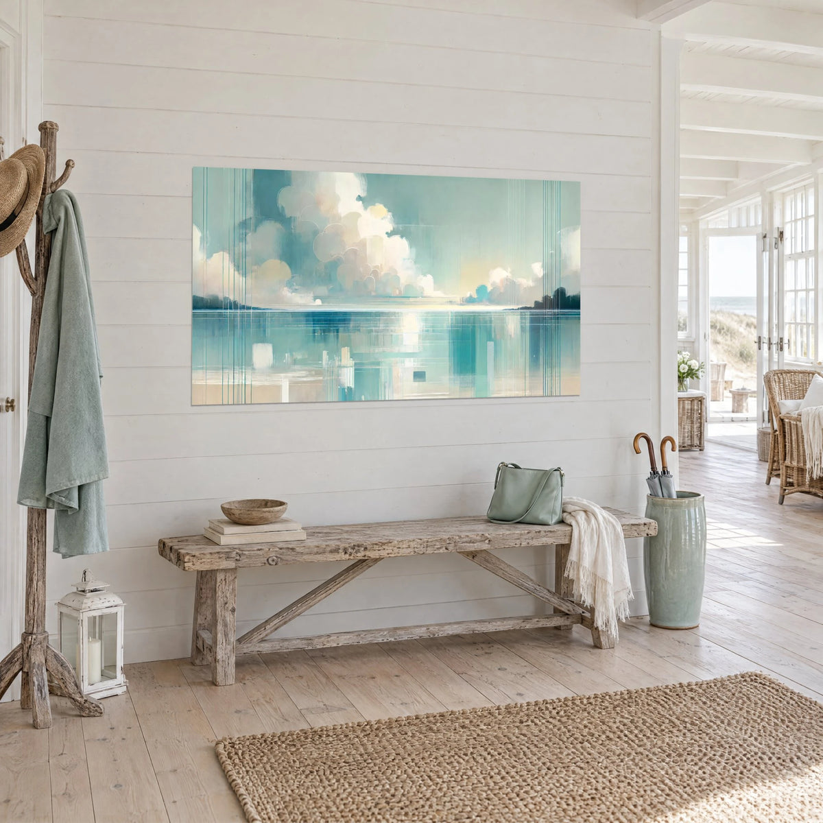 Quadro con cielo pastello e riflessi d'acqua blu-verde striati di bianco, orizzonte netto, appeso in una casa sul mare