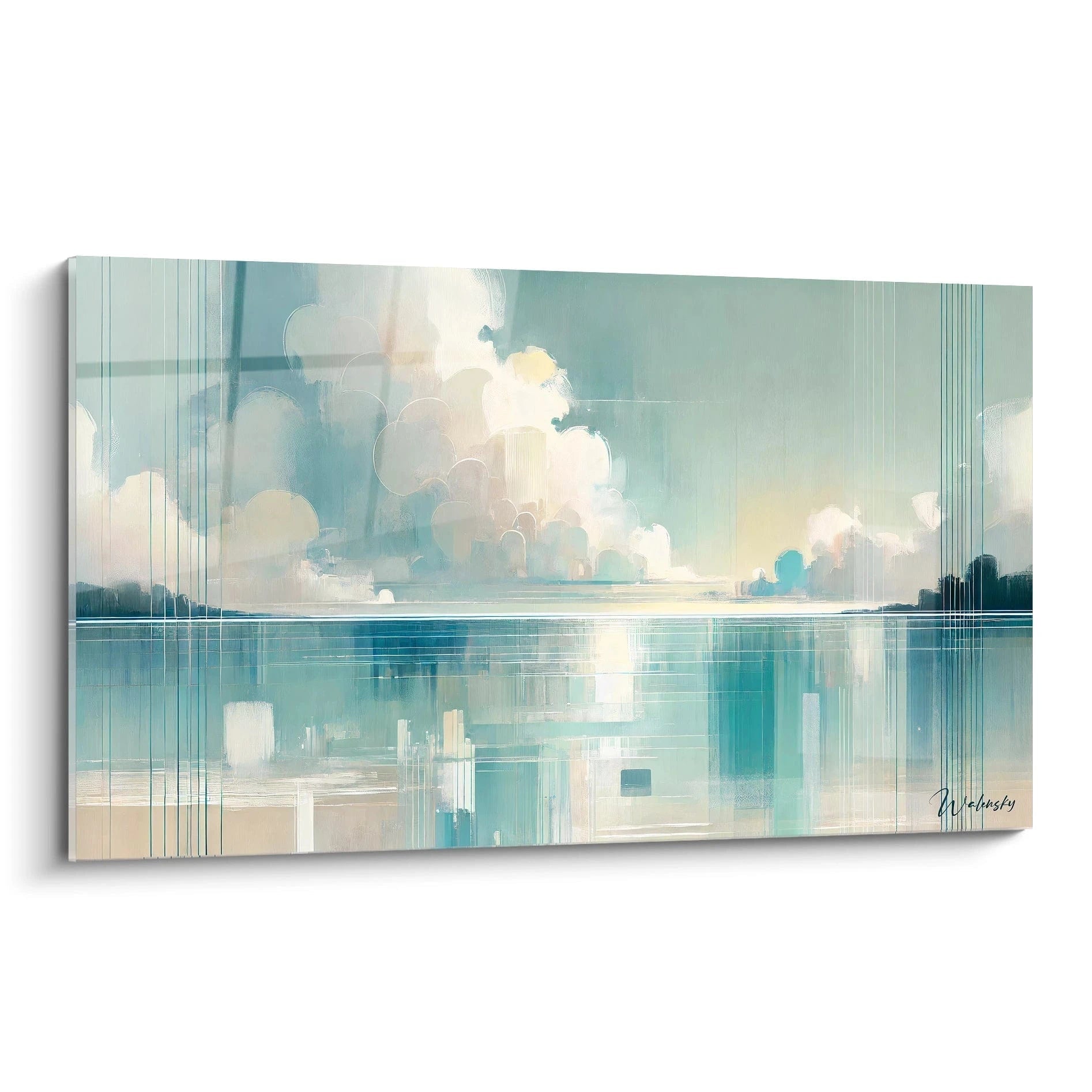 "Découvrez le tableau 'Brume d'Azur' en détail, une œuvre abstraite aux nuances azurées et lignes géométriques modernes, offrant une vision paisible et structurée de la nature."