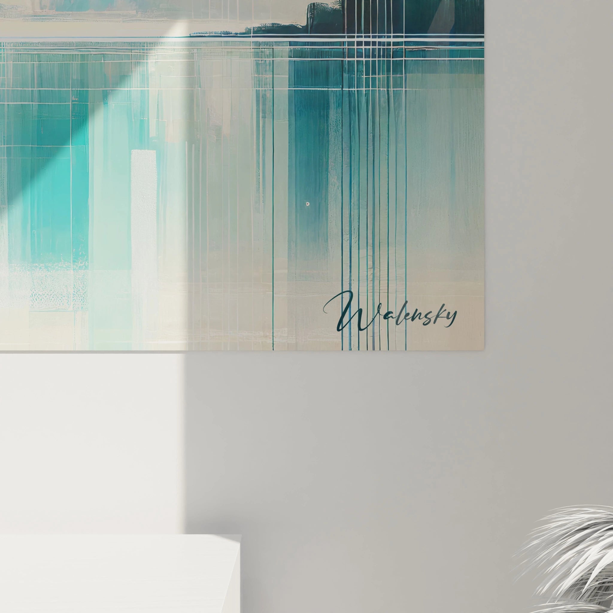 "Vue rapprochée du tableau 'Brume d'Azur', révélant ses lignes géométriques fines et ses couleurs pastel, qui évoquent la tranquillité d'une brume marine abstraite."